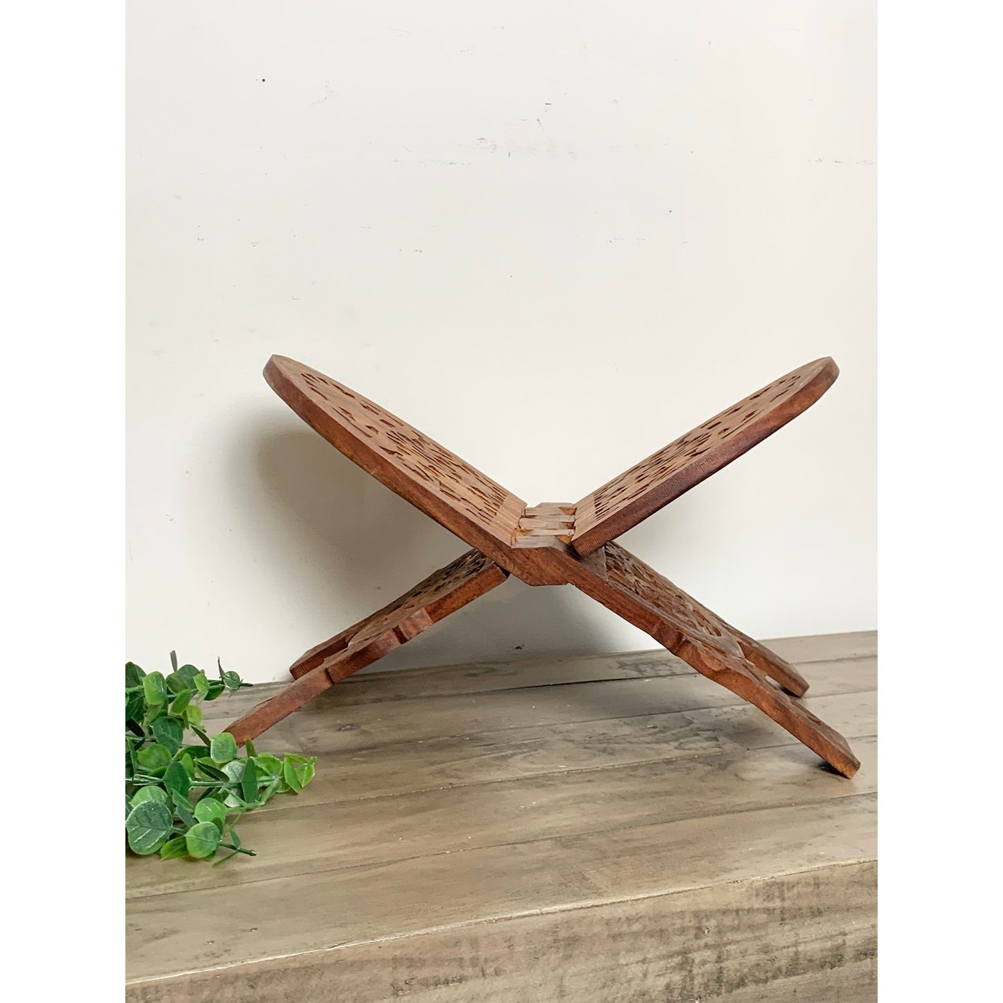 Vintage Hand Carved Wooden Book Stand Folding Ornate Cookbook Holder Mid Century
