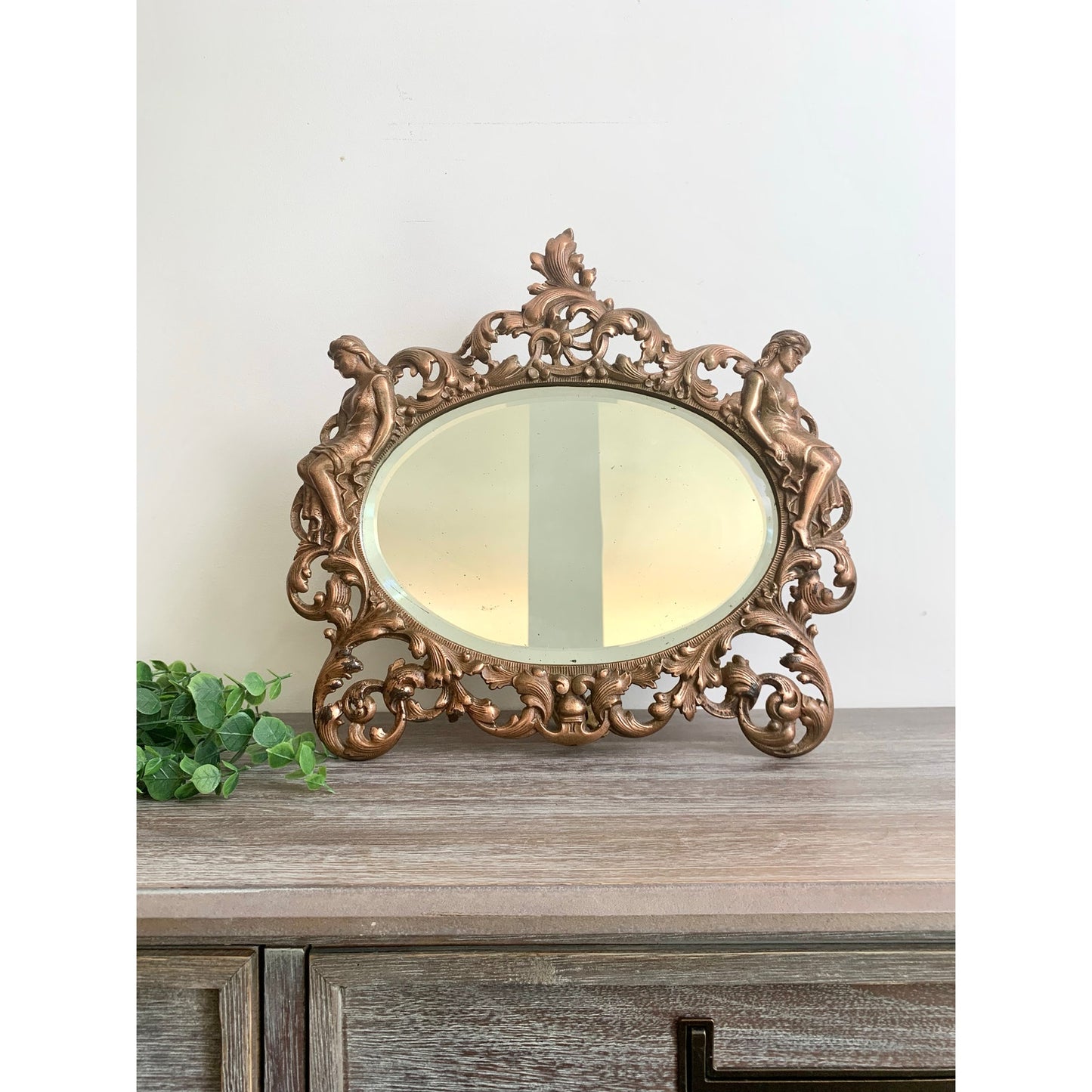 Vintage Art Nouveau Style Cast Iron Vanity Mirror with Kickstand Ornate Figural