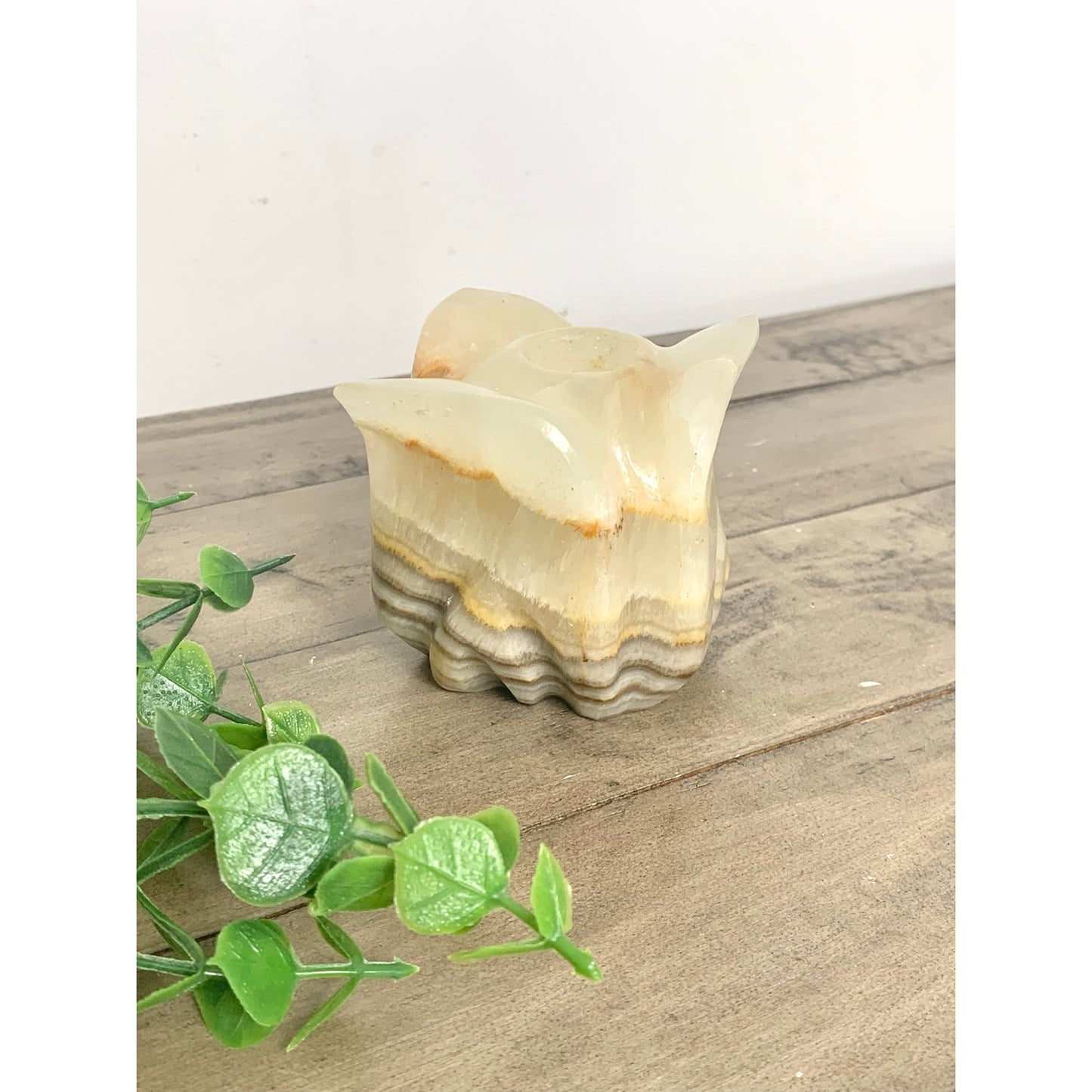 Vintage Onyx Stone Candle Holder Carved Marble Style Taper Holder Floral Earthy