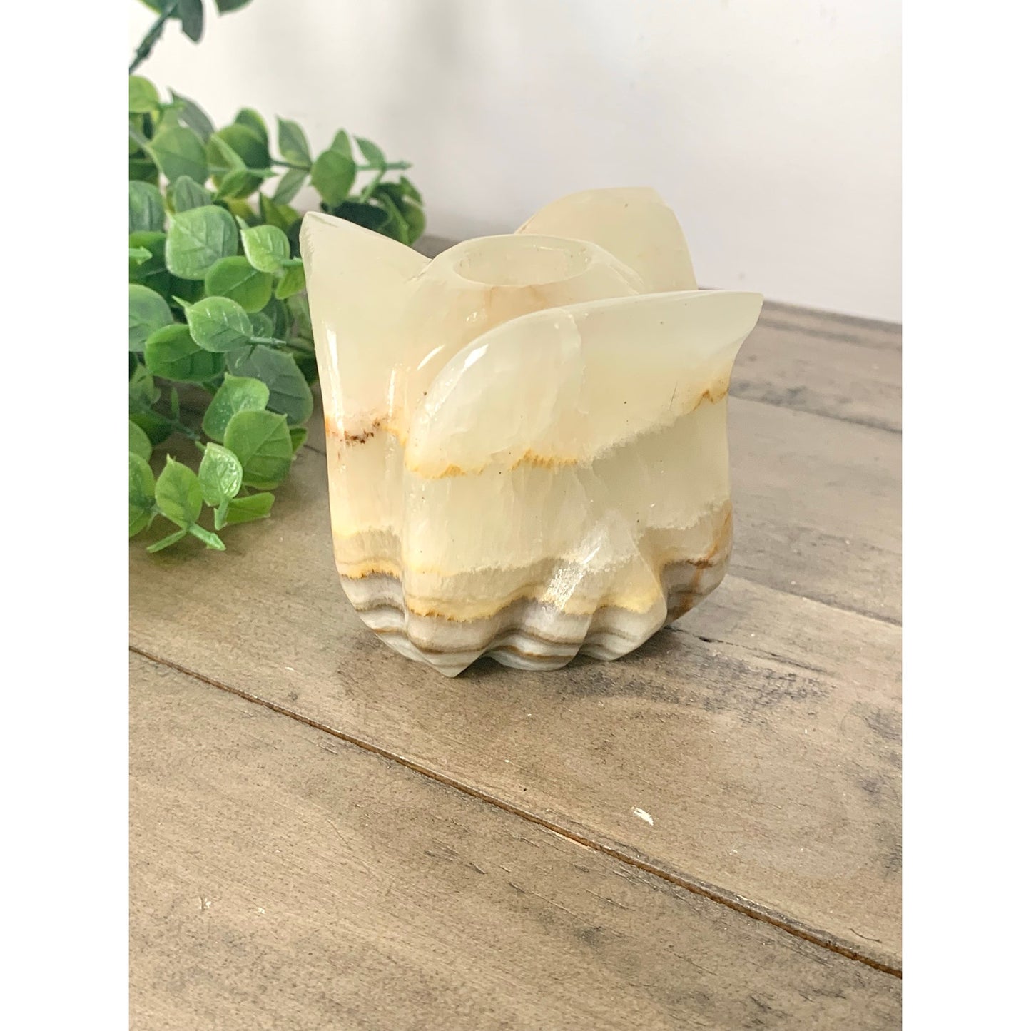 Vintage Onyx Stone Candle Holder Carved Marble Style Taper Holder Floral Earthy