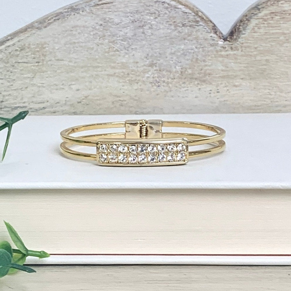 Vintage Goldtone Rhinestone Bangle Bracelet Pave Statement Jewelry Classic Glam