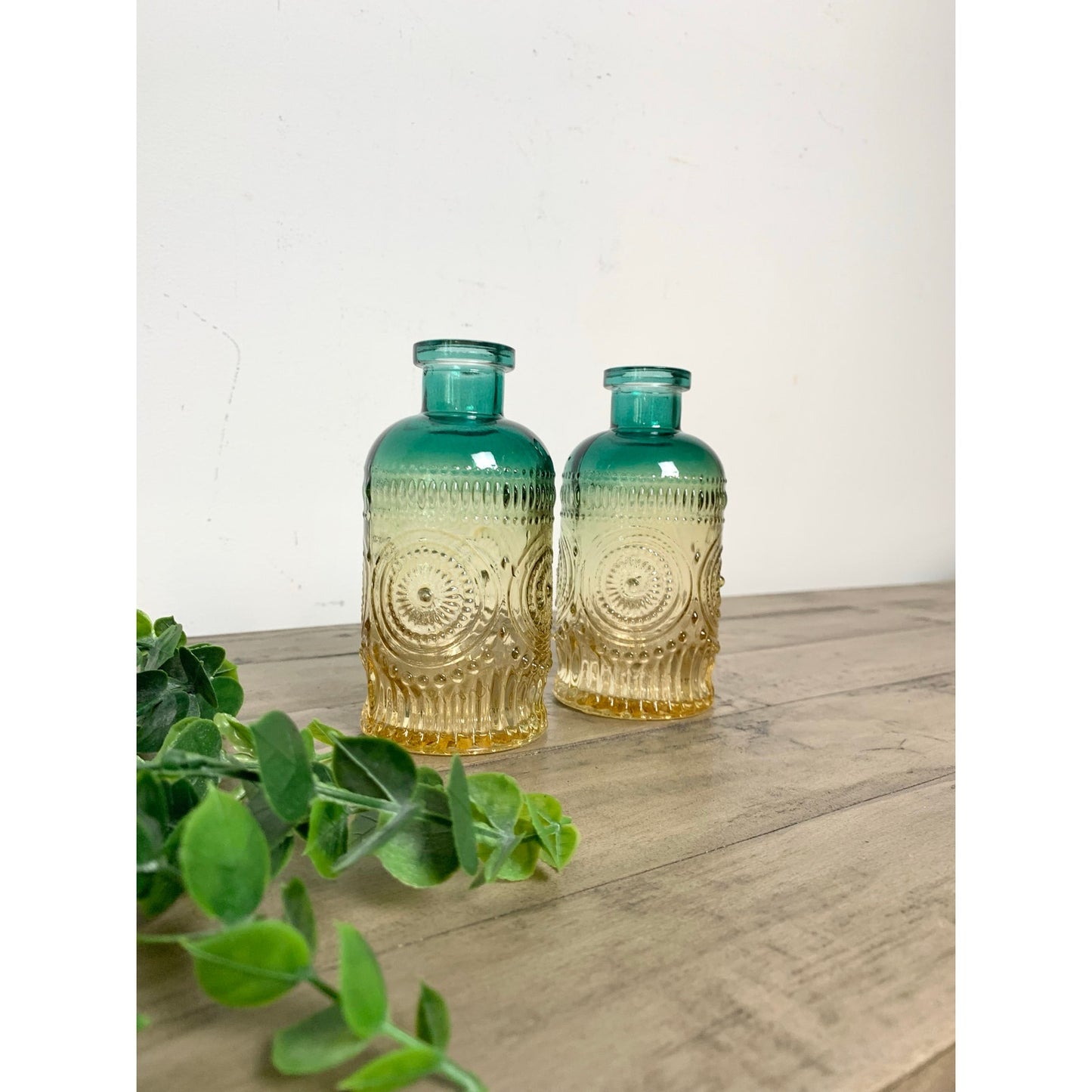 Vintage Style Ombre Green Amber Glass Bud Vase Set Pair Textured Boho Coastal