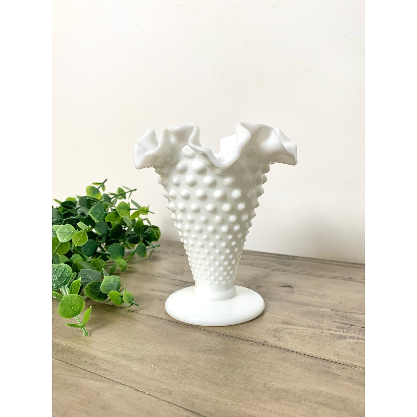 Vintage Fenton Hobnail Milk Glass Pedestal Vase with Fluted Rim Small White Vase