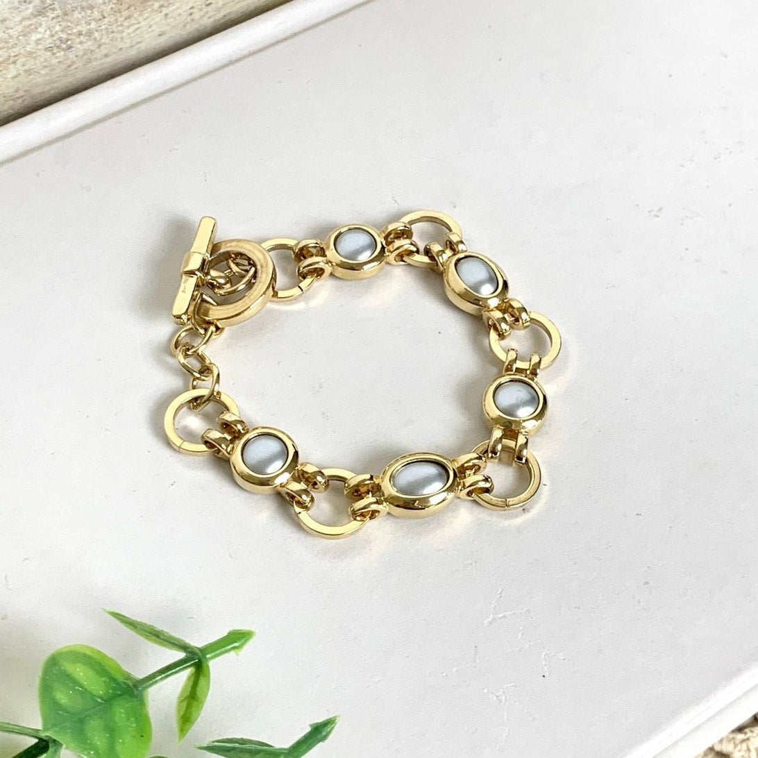 Vintage Liz Claiborne Bracelet Goldtone Silver Cabochon Toggle Bracelet Signed