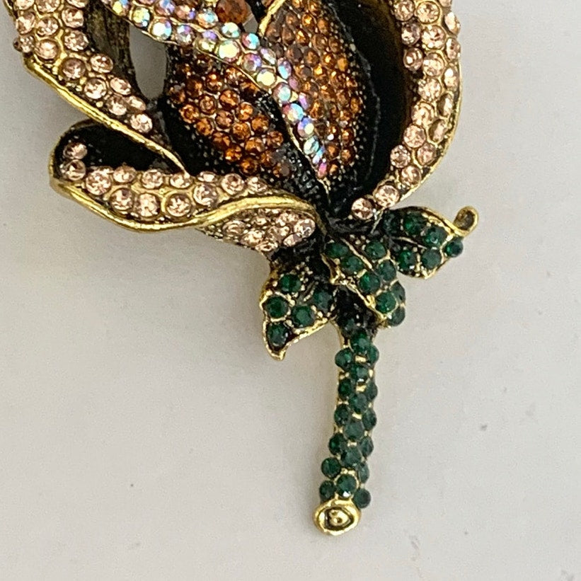 Rhinestone Rose Brooch and Pendant Gold Tone Flower Pin Statement Jewelry
