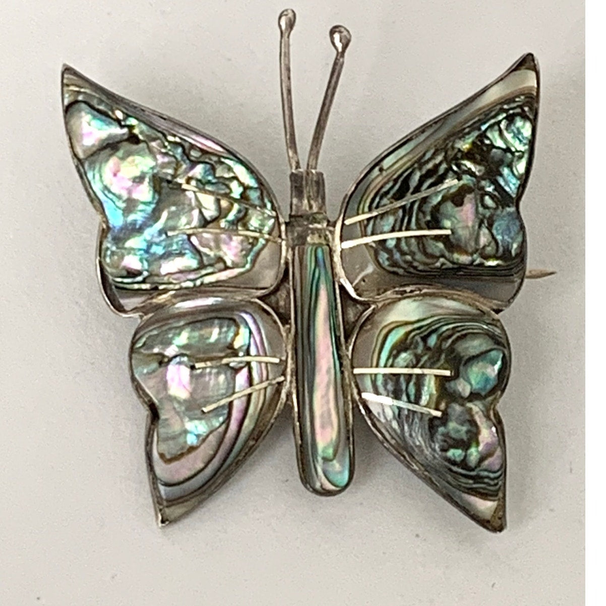 Vintage Mexico Sterling Silver Abalone Butterfly Brooch Iridescent Shell Pin