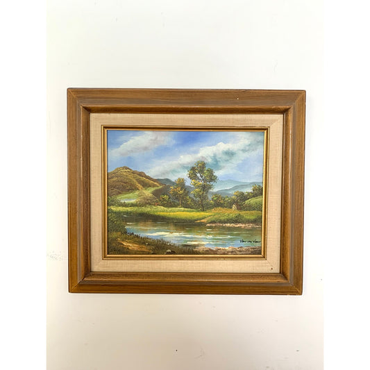 Vintage Framed Landscape Oil Painting Signed Countryside River Scene Cottagecore Art