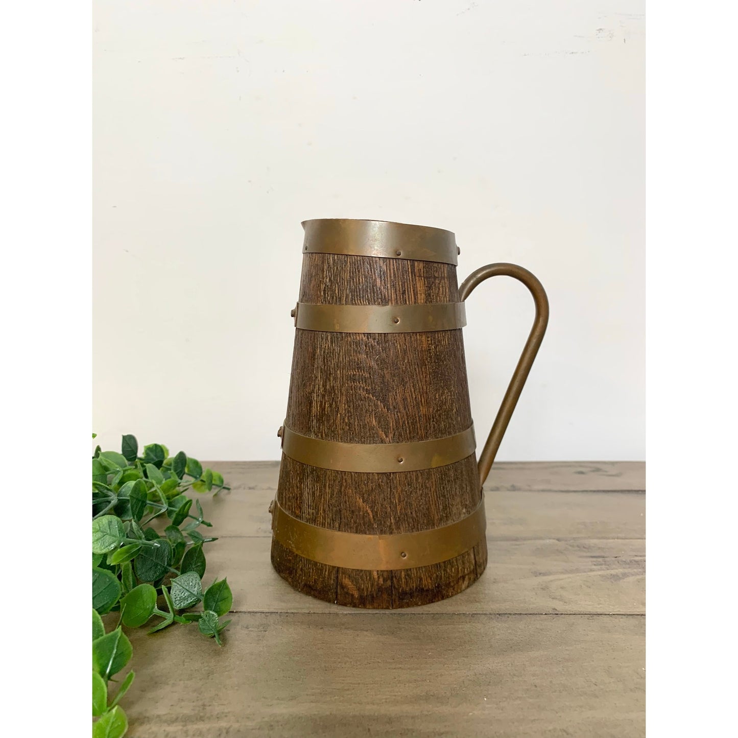 Antique Staved Wood Pitcher Copper Bands Handle Rustic Jug Vase Farmhouse