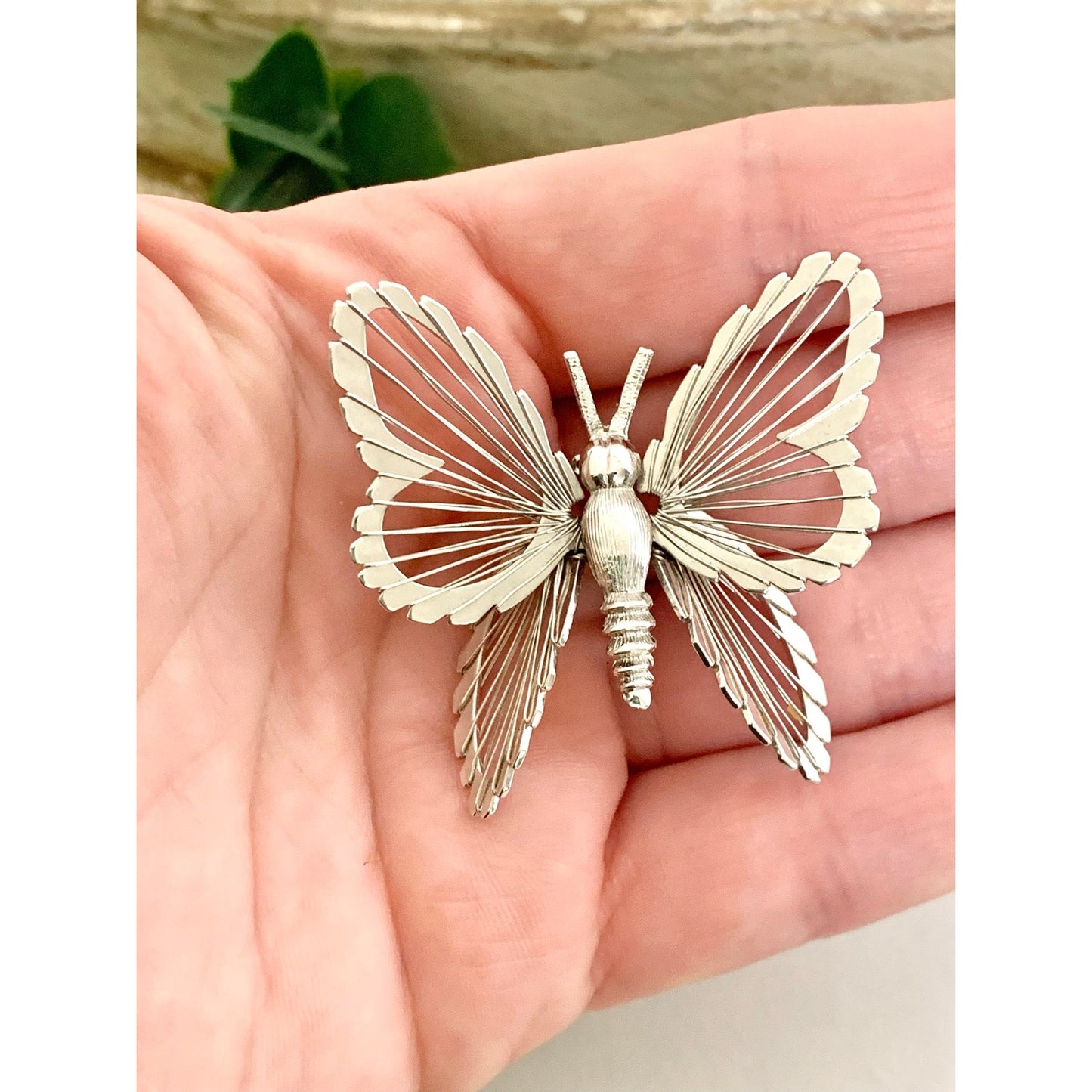Vintage Monet Butterfly Brooch Silvertone Filigree Wing Pin Signed Statement Nature Jewelry
