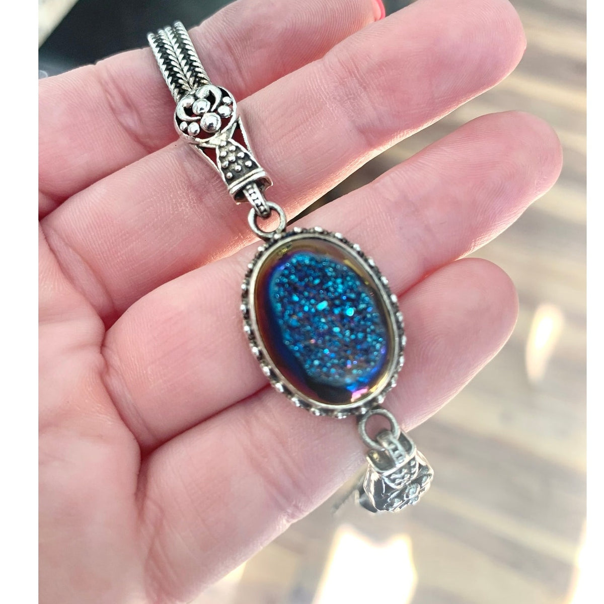 Vintage Sterling Silver Druzy Quartz Bracelet Blue Iridescent 925 Jewelry