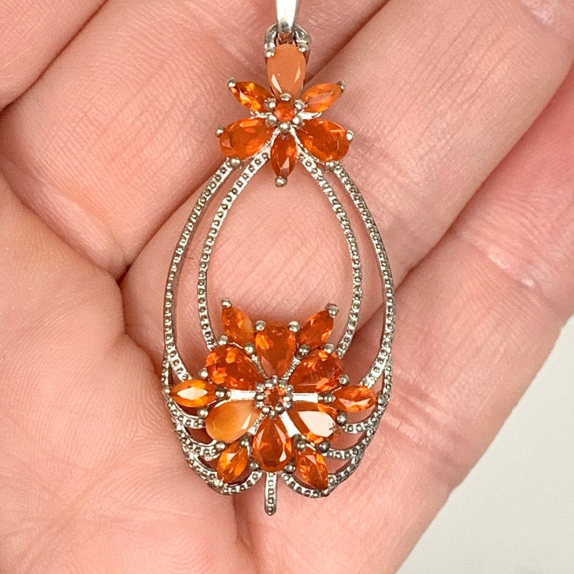 Sterling Silver STS Orange Gemstone Floral Pendant Necklace 925 Vintage Style Statement Necklace