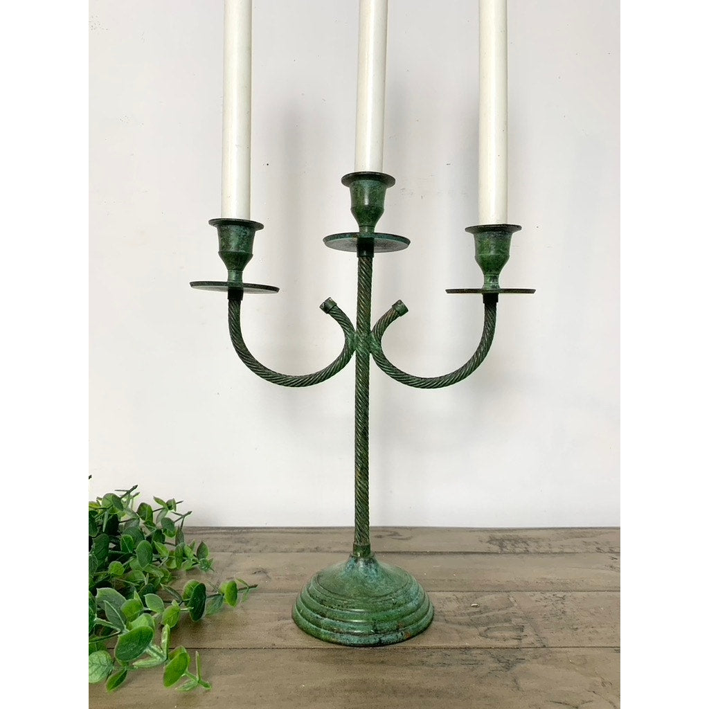 Vintage Verdigris Twisted Metal Candelabra – Green Triple Candle Holder Aged Patina Old World Christmas