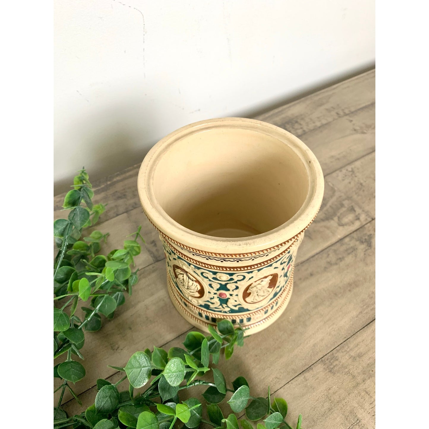 Antique German Majolica Style Pottery Jardiniere Crock Tobacco Jar Humidor