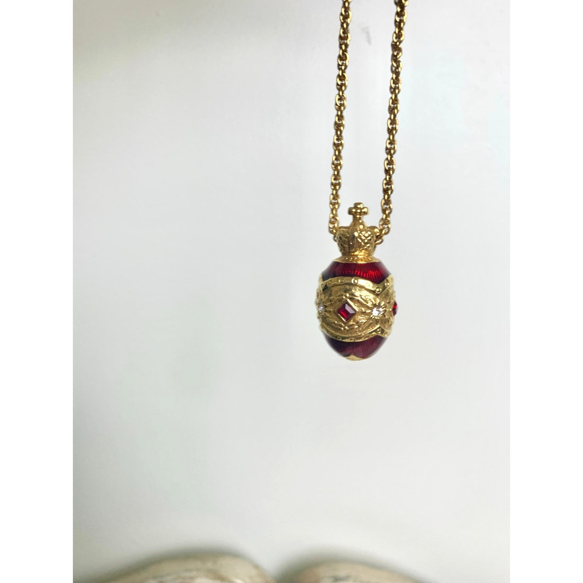 Vintage Joan Rivers Red Enamel Egg Pendant Necklace Crown Rhinestone Gold Tone