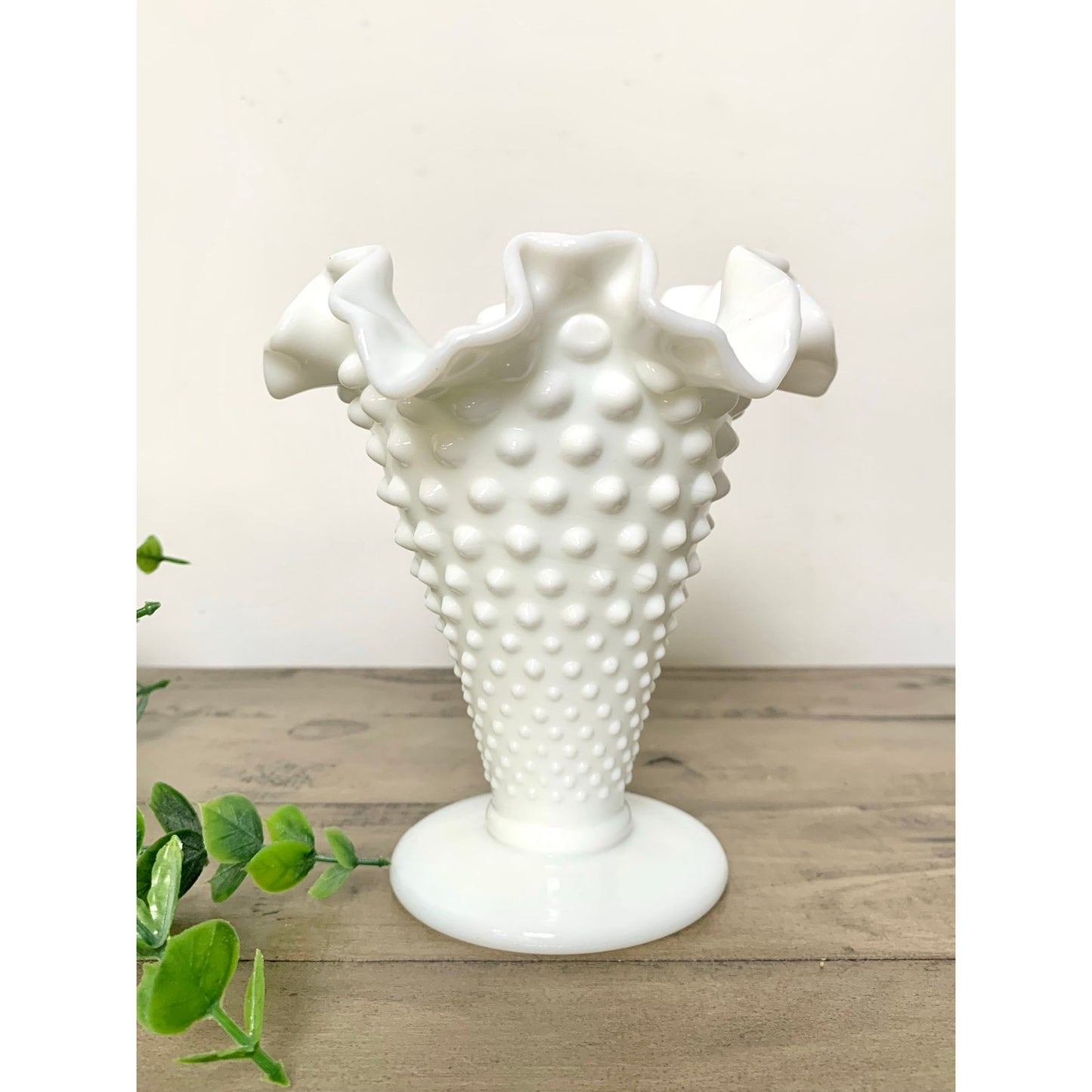 Vintage Fenton Hobnail Milk Glass Pedestal Vase with Fluted Rim Small White Vase