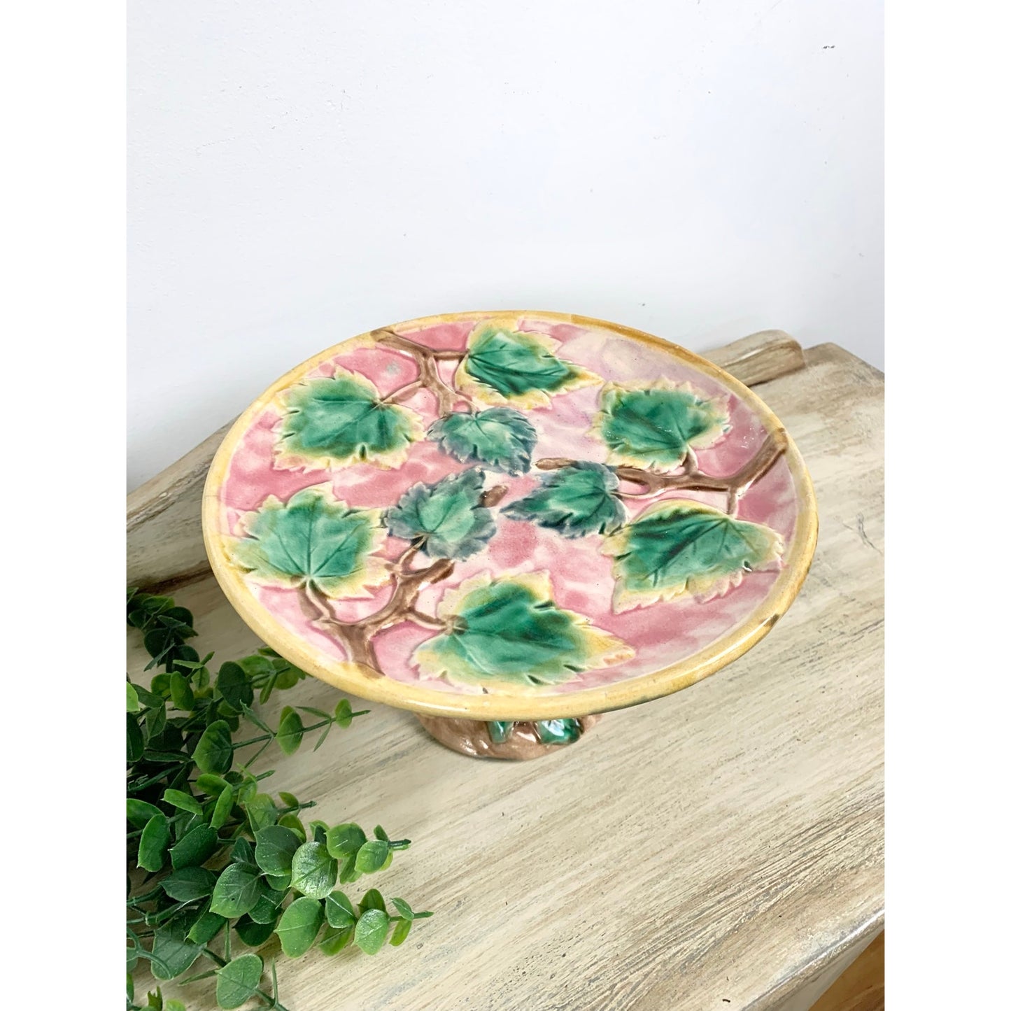 Antique Majolica Pedestal Cake Stand Maple Leaf Compote Etruscan Riser Dessert Victorian Pottery
