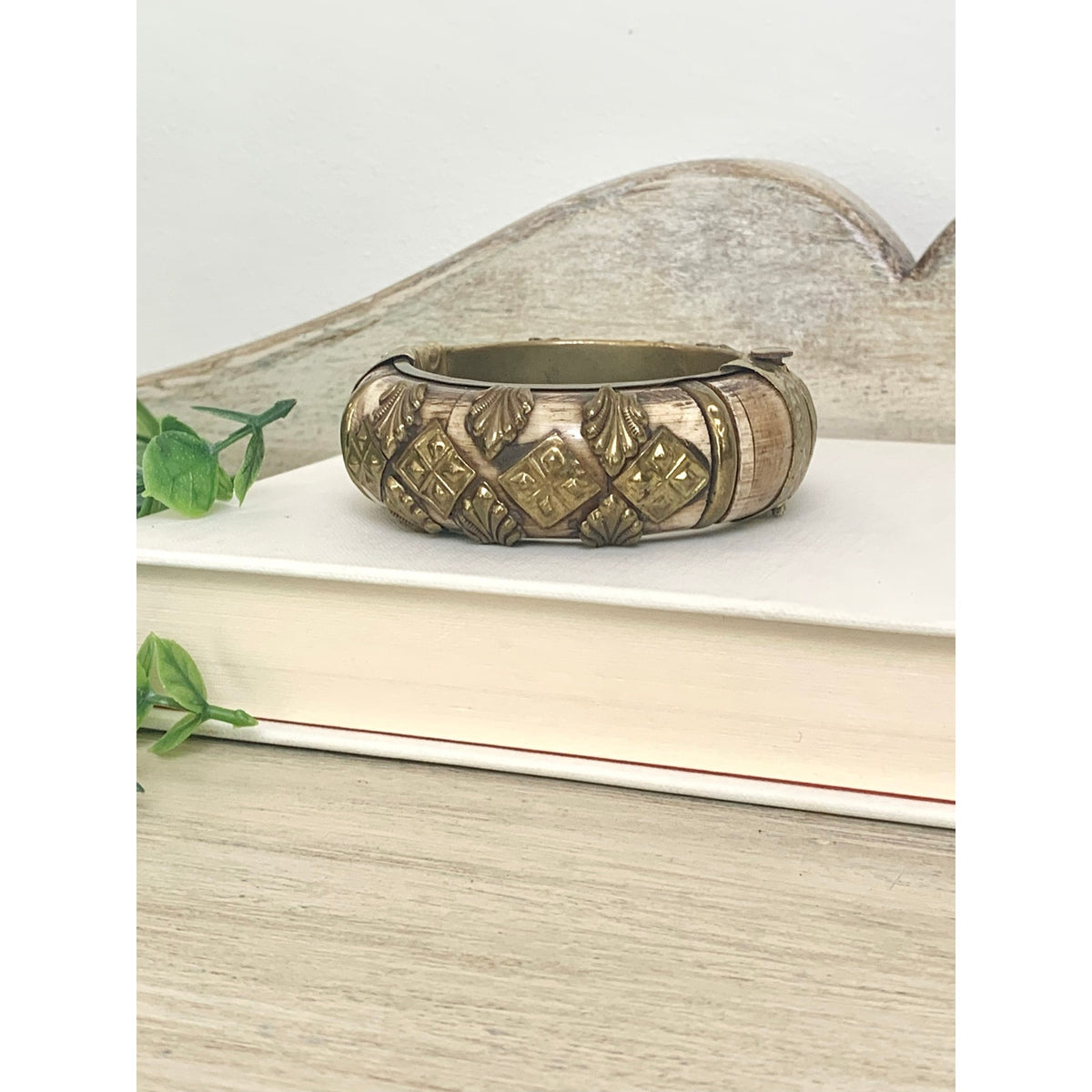 Vintage Camel Bone Bangle Bracelet Brass Overlay Hinged Statement Jewelry