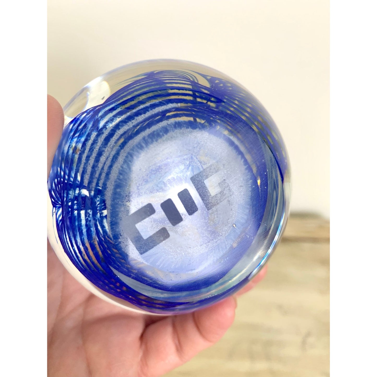 Vintage Caithness Blue Swirl Glass Paperweight Signed Scottish Art Glass Mid Century Style