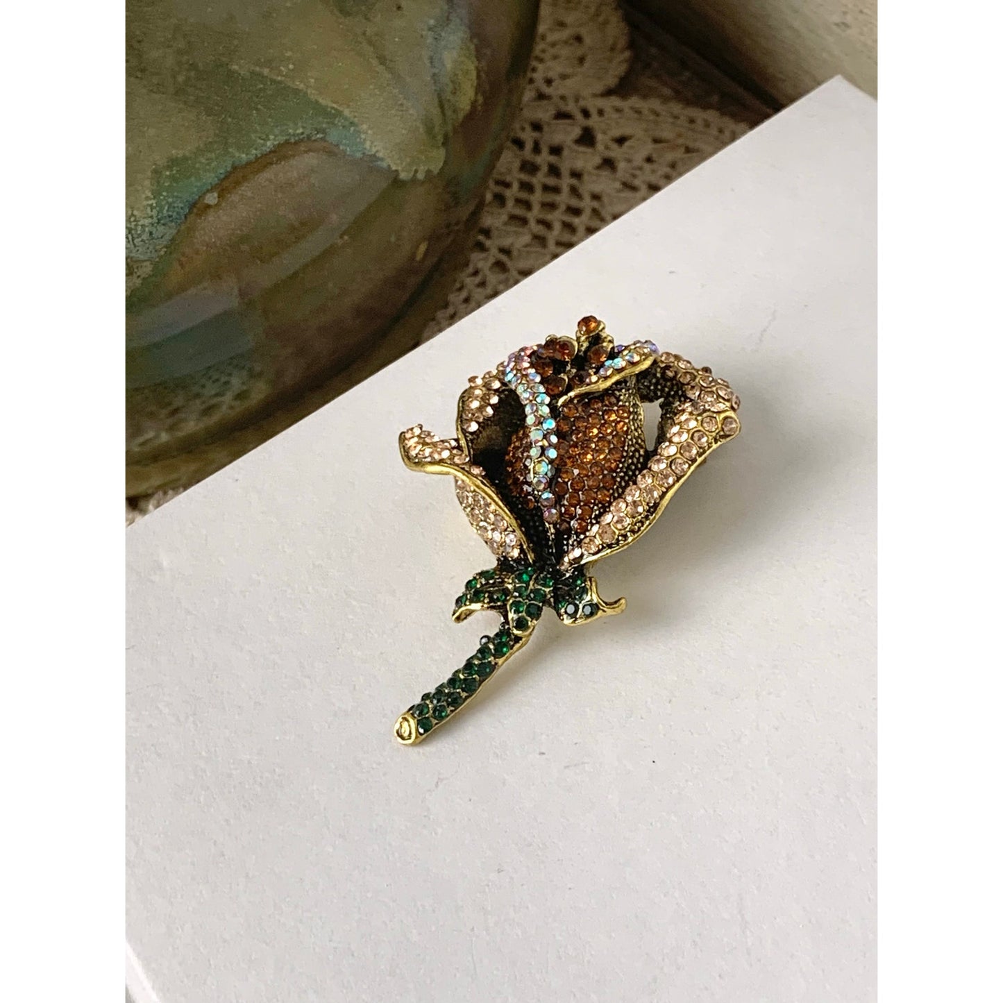 Rhinestone Rose Brooch and Pendant Gold Tone Flower Pin Statement Jewelry