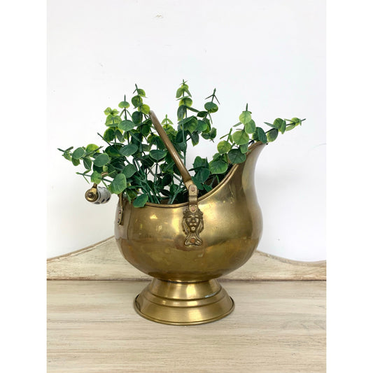 Vintage Brass Coal Scuttle Lion Head Delft Handle Ash Bucket Rustic Cottagecore Old Money