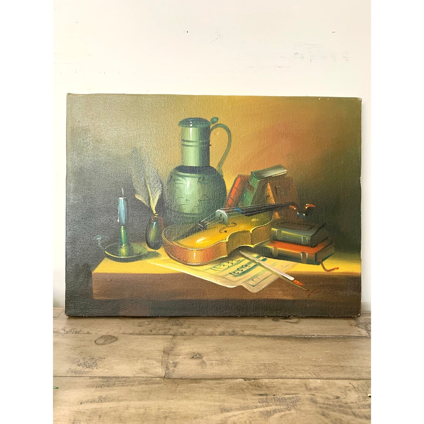 Vintage Still Life Oil Painting with Violin and Books Certified Original Signed