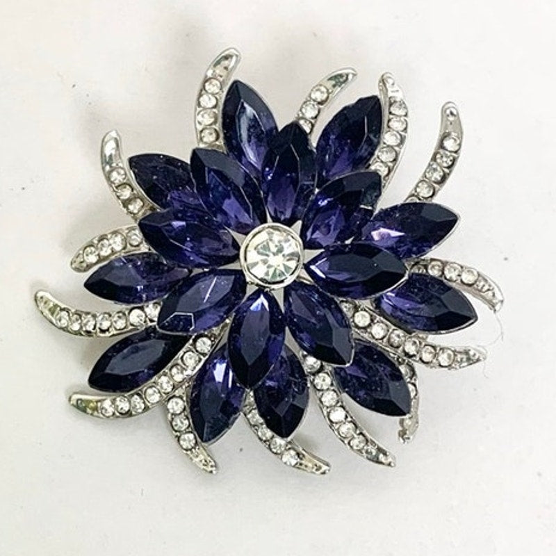 Vintage Blue Violet Rhinestone Flower Brooch Silvertone Statement Pin Mid Century Glam
