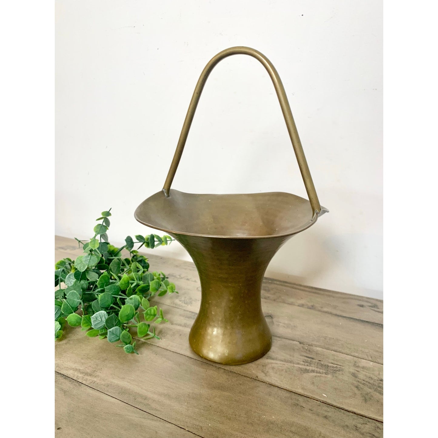 Vintage Hammered Brass Basket Vase Planter Mid Century Patina Brass Vessel