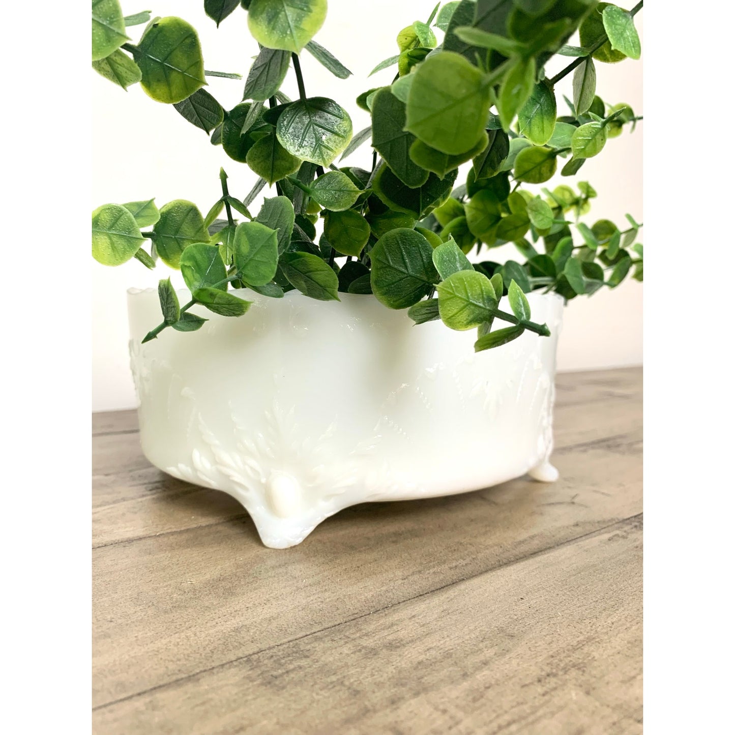 Vintage Milk Glass Footed Bowl Embossed White Centerpiece Dish Cottage Shabby