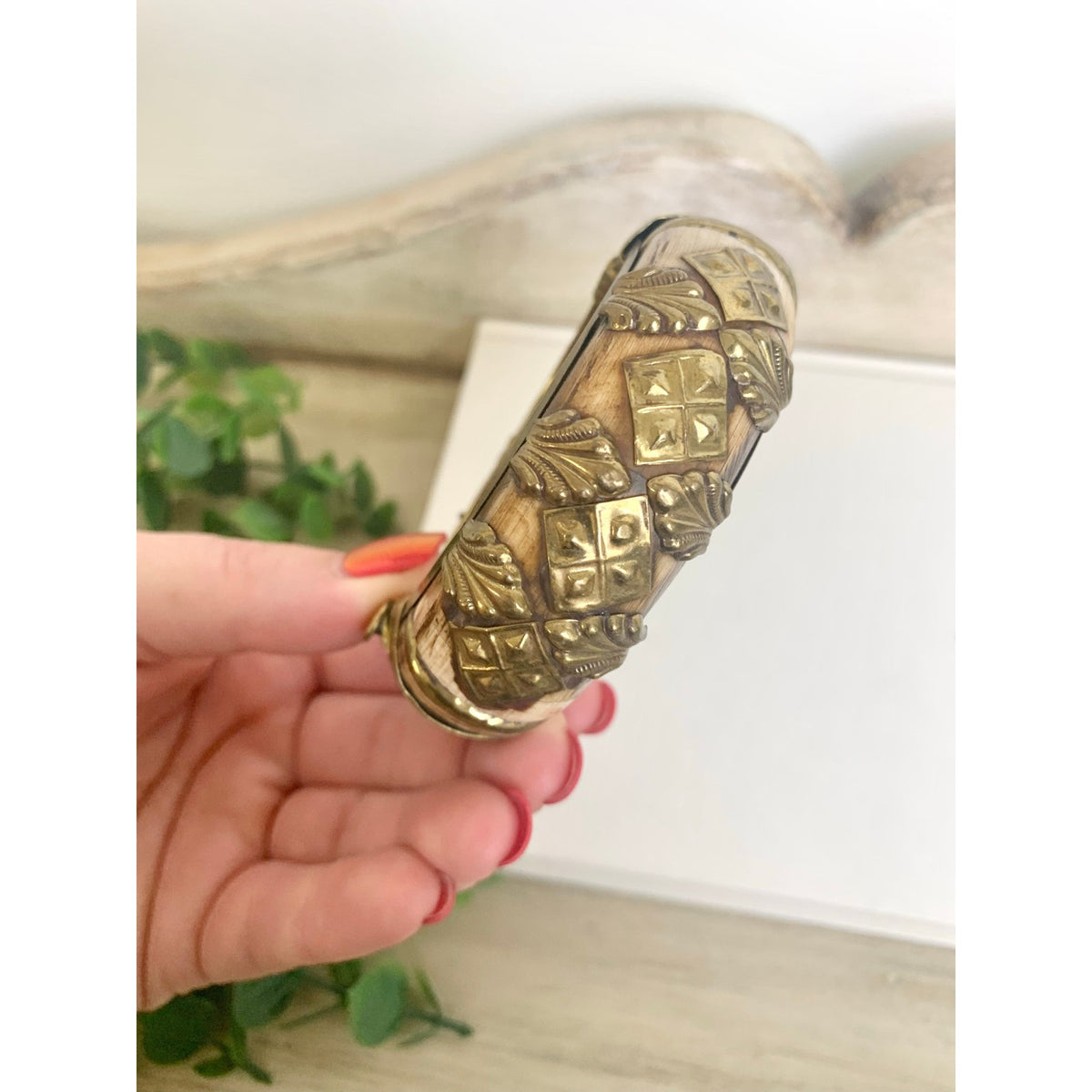 Vintage Camel Bone Bangle Bracelet Brass Overlay Hinged Statement Jewelry