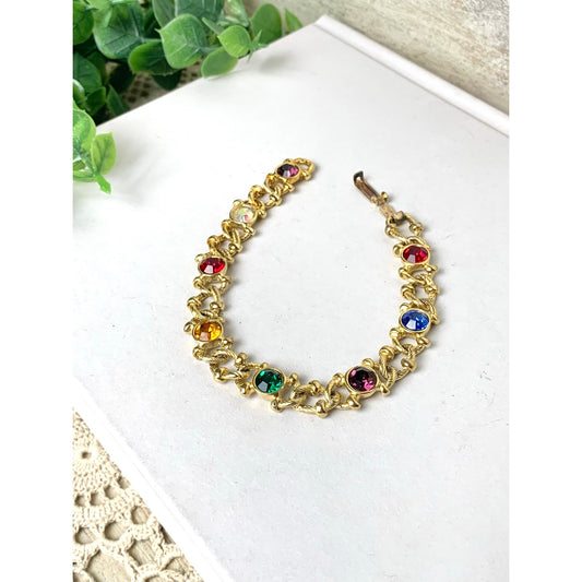 Vintage Goldtone Multi Color Rhinestone Bracelet Jewel Tone Link Cocktail Statement Jewelry