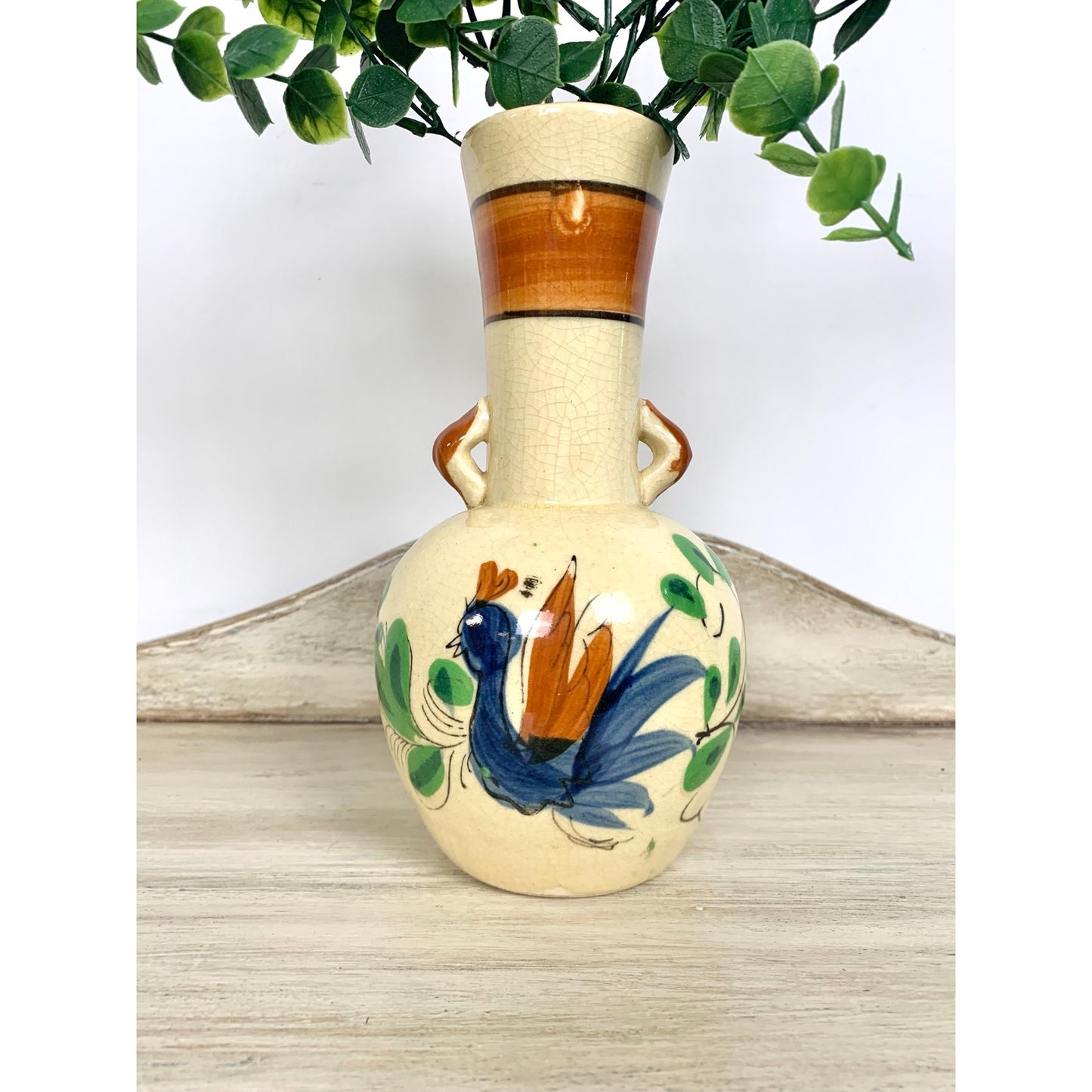 Vintage Thura Satsuma Vase Japan Ho Ho Bird Hand Painted Phoenix Mid Century