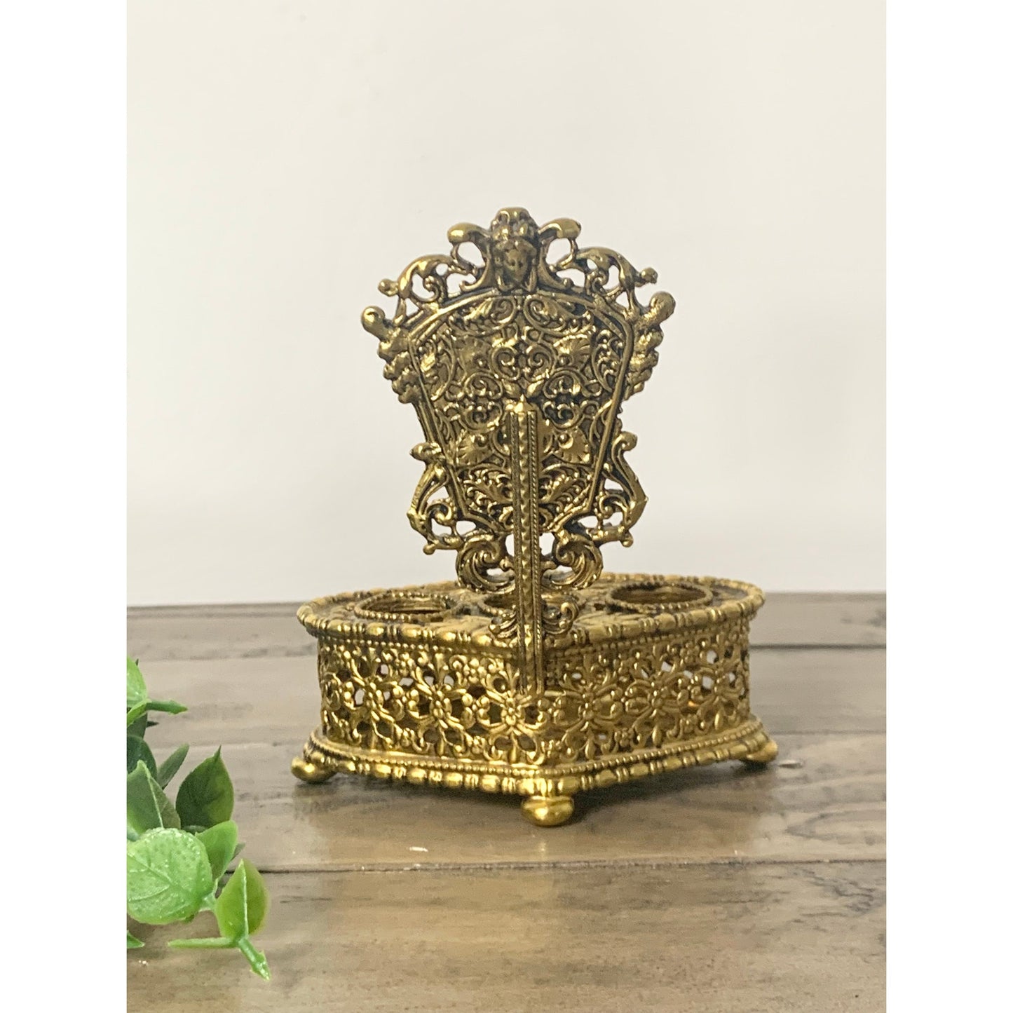 Vintage Ornate Gold Filigree Lipstick Holder Vanity Mirror Footed Hollywood Regency
