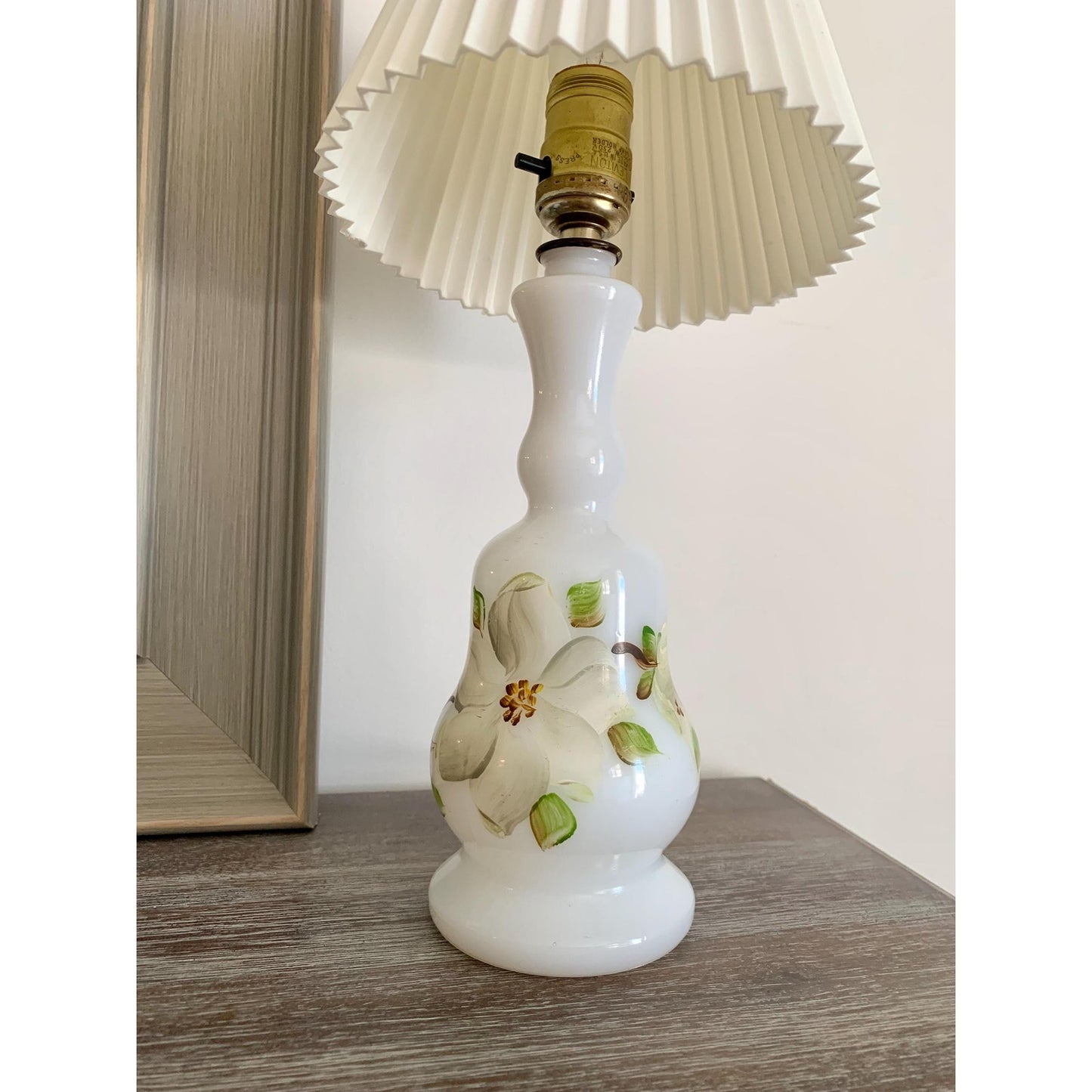 Vintage Hand-Painted Milk Glass Lamp with Pleated Shade