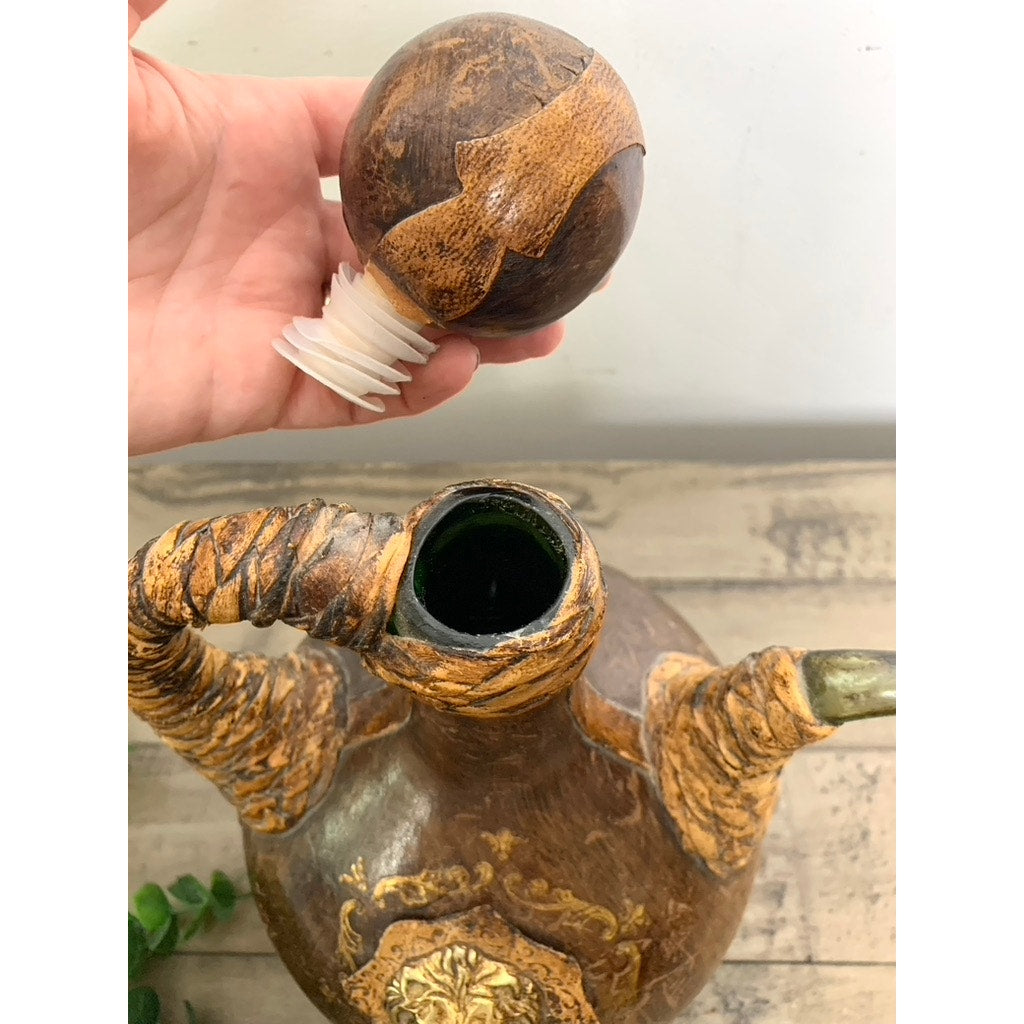 Vintage Italian Leather Lion Head Decanter Bottle Brass Ring Stopper Old Money