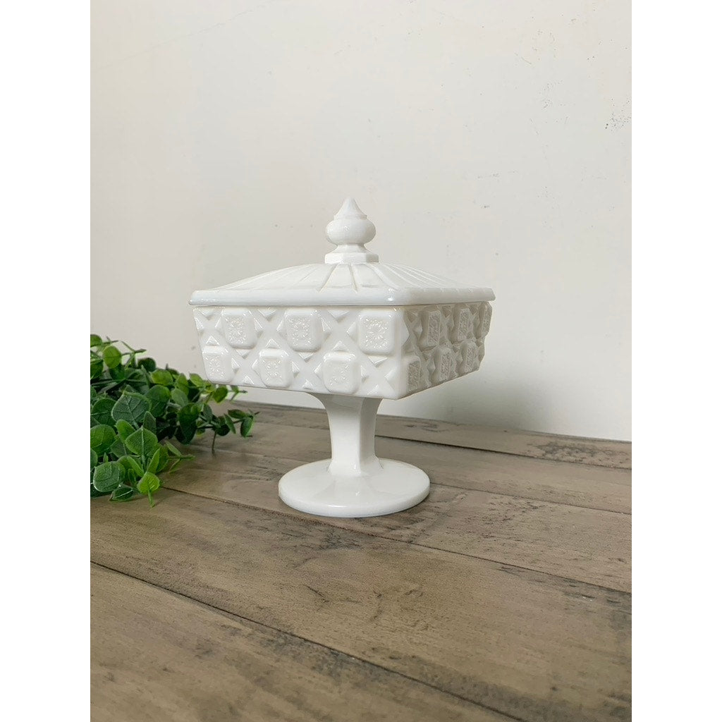 Westmoreland Milk Glass Candy Dish Vintage Wedding Box White Pedestal Lidded Box