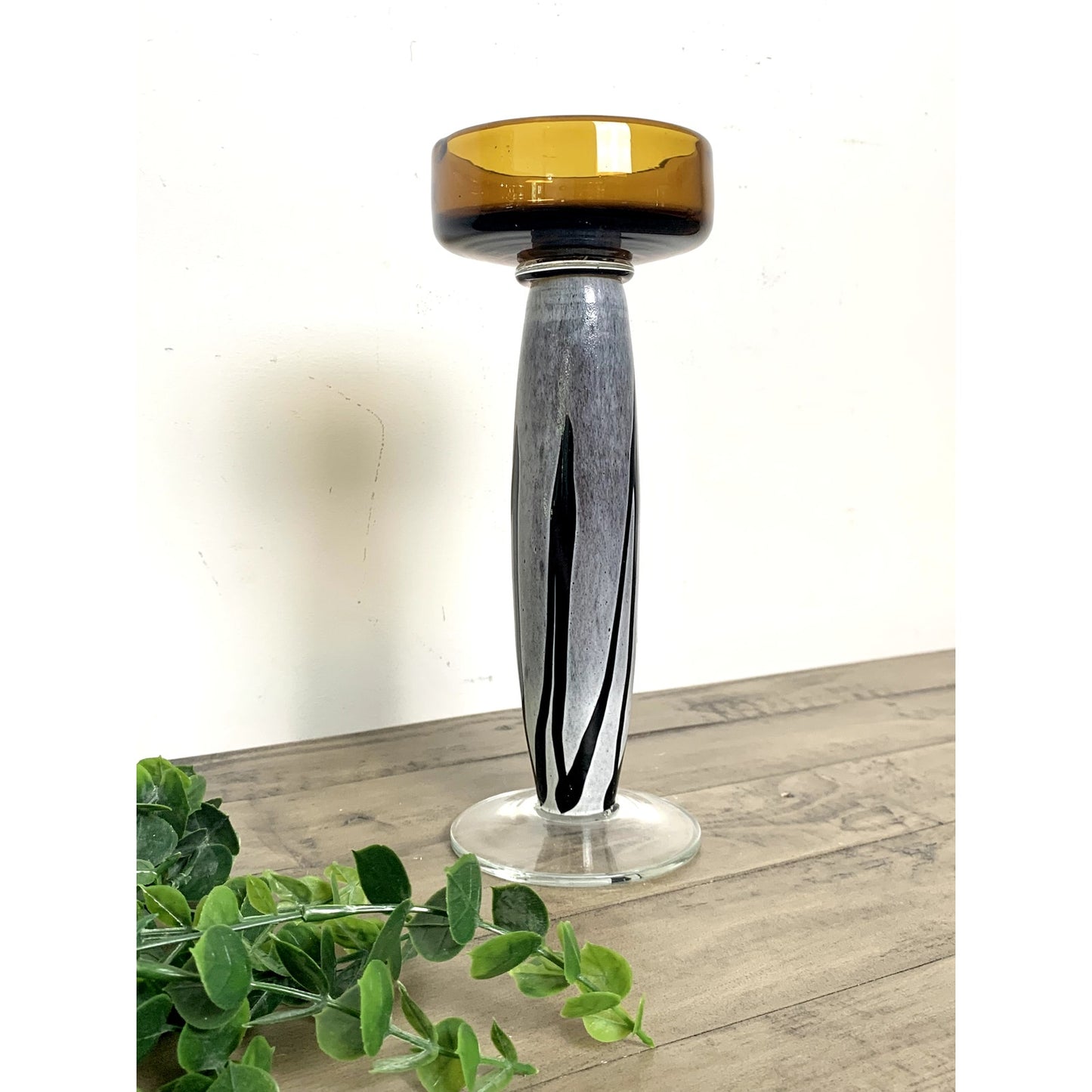 Vintage MCM Art Glass Candle Holder – Amber Glass Pedestal Pillar Candle Retro