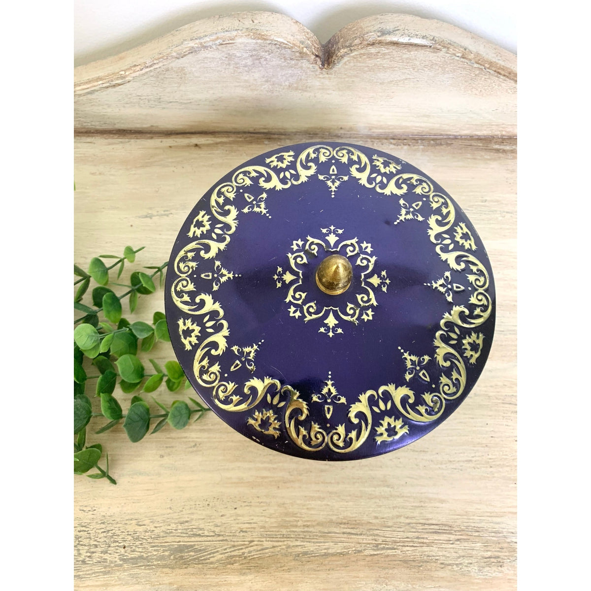 Vintage English Lidded Tin Tea Caddy Biscuit Tin Cobalt Blue Gold Lidded Container