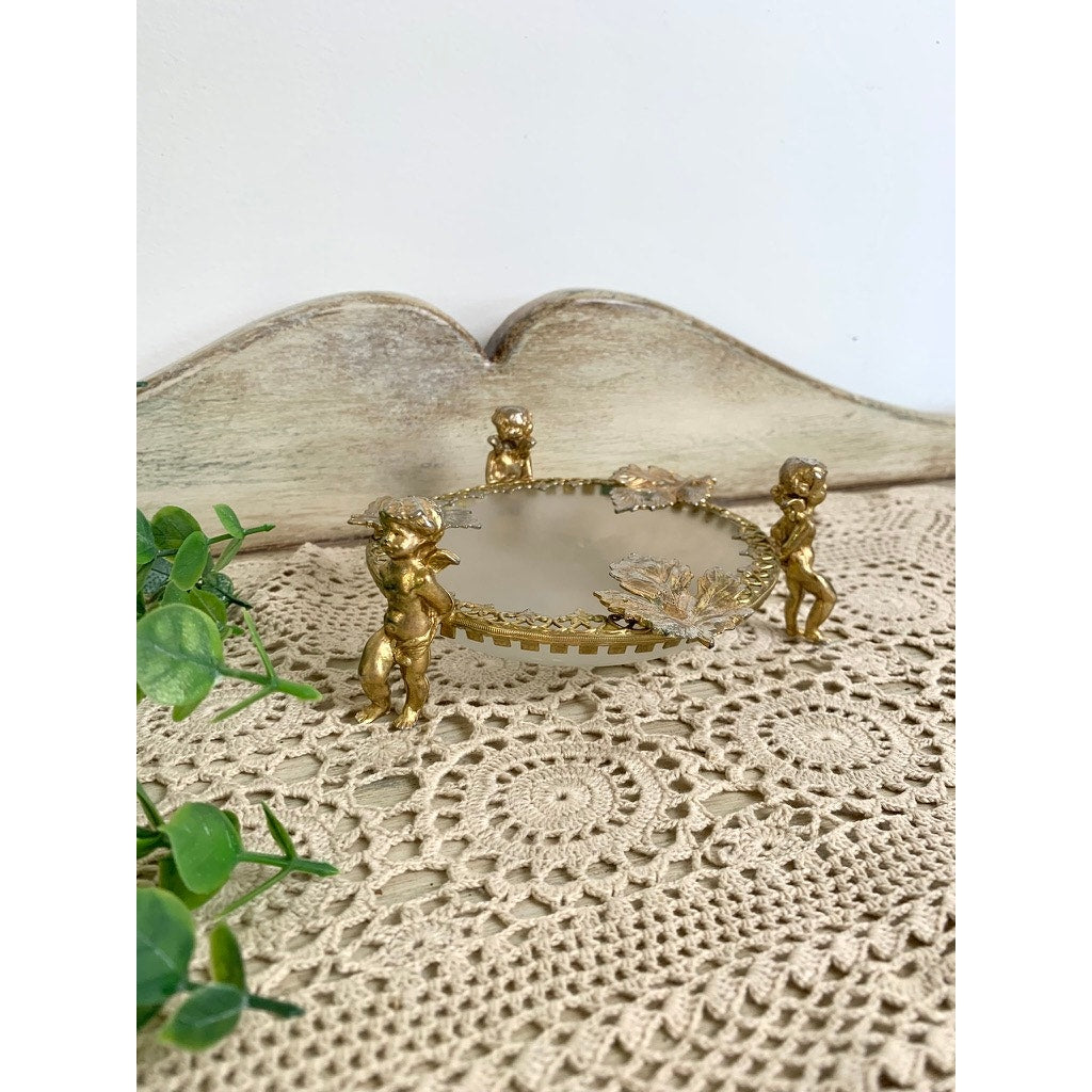 1960s Cherub Frosted Glass Trinket Dish, gold accent, *some fade to the gold