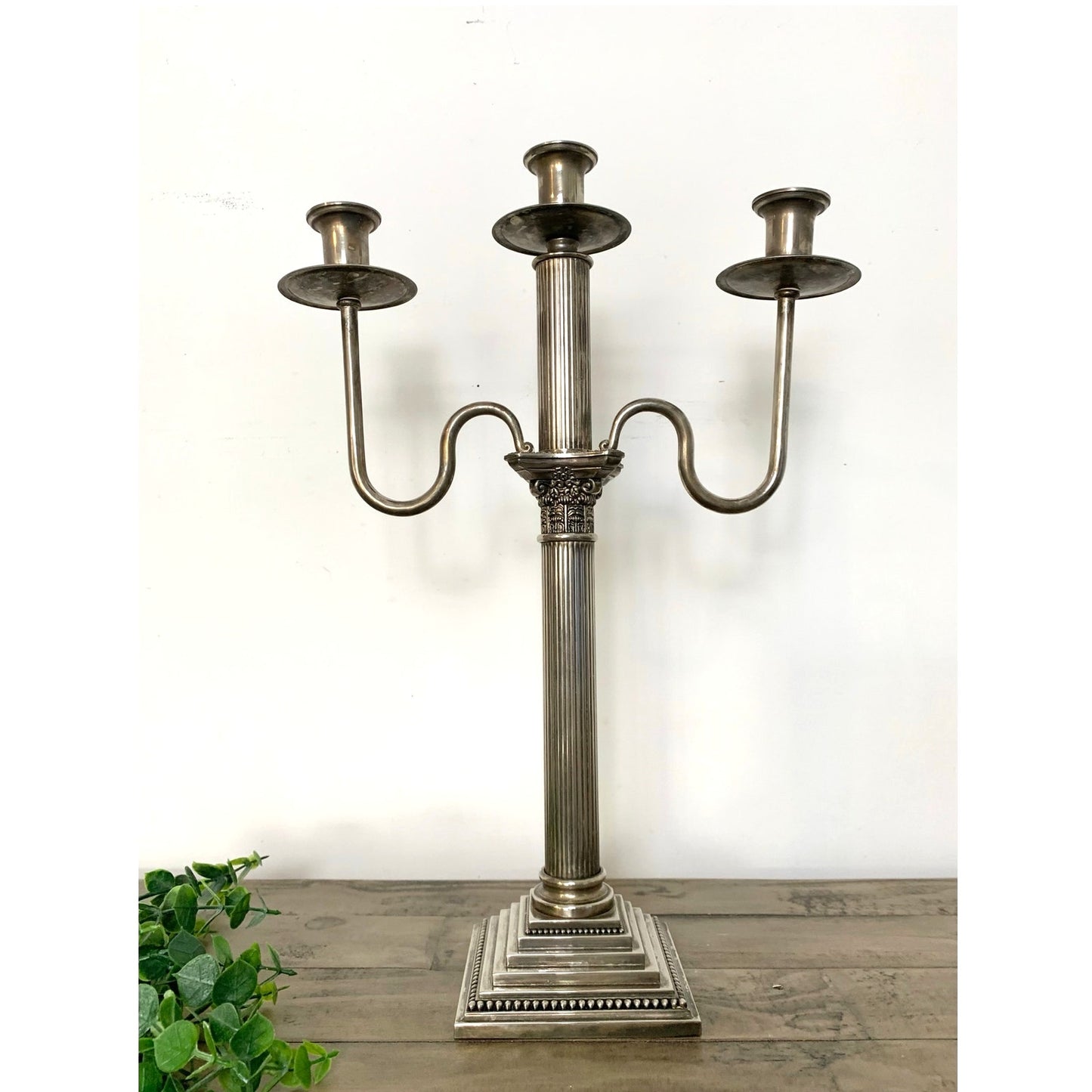 Vintage Godinger Silverplate Three-Arm Candelabra Neoclassical Fluted Column Elegant 19"