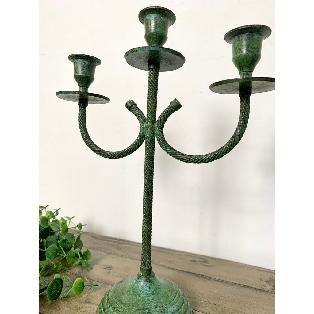 Vintage Verdigris Twisted Metal Candelabra – Green Triple Candle Holder Aged Patina Old World Christmas