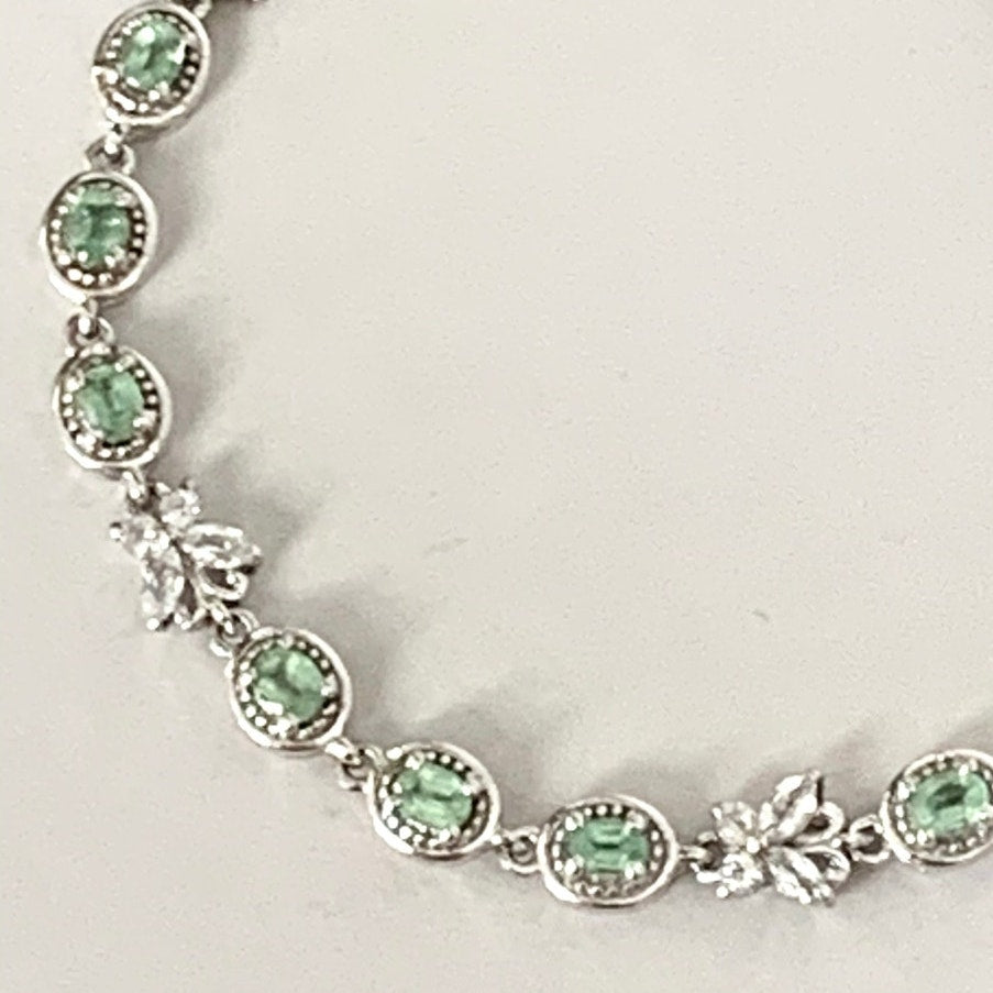 Vintage Sterling Silver Tennis Bracelet Green Stones Butterfly Links 925 Size 7