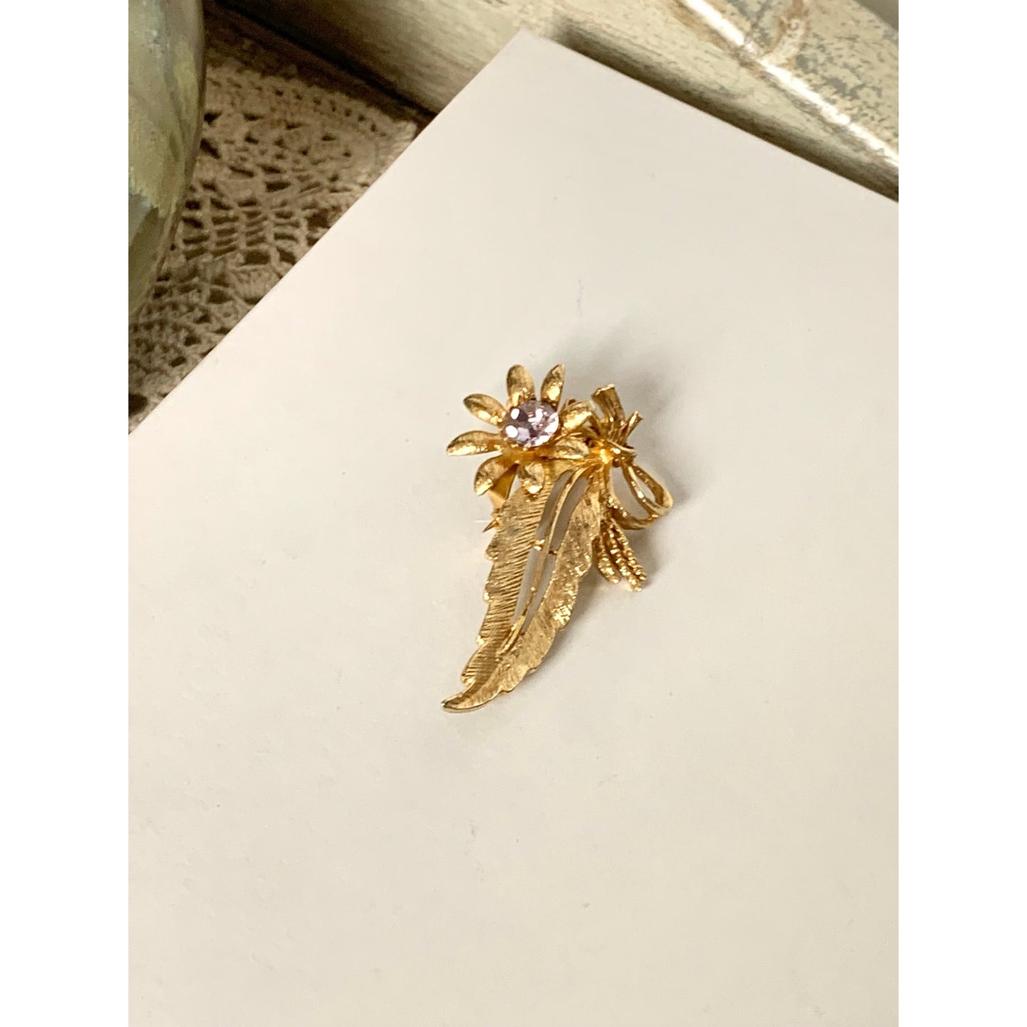 Vintage Goldtone Floral Brooch Lavender Purple Rhinestone Flower Ribbon Leaf Pin