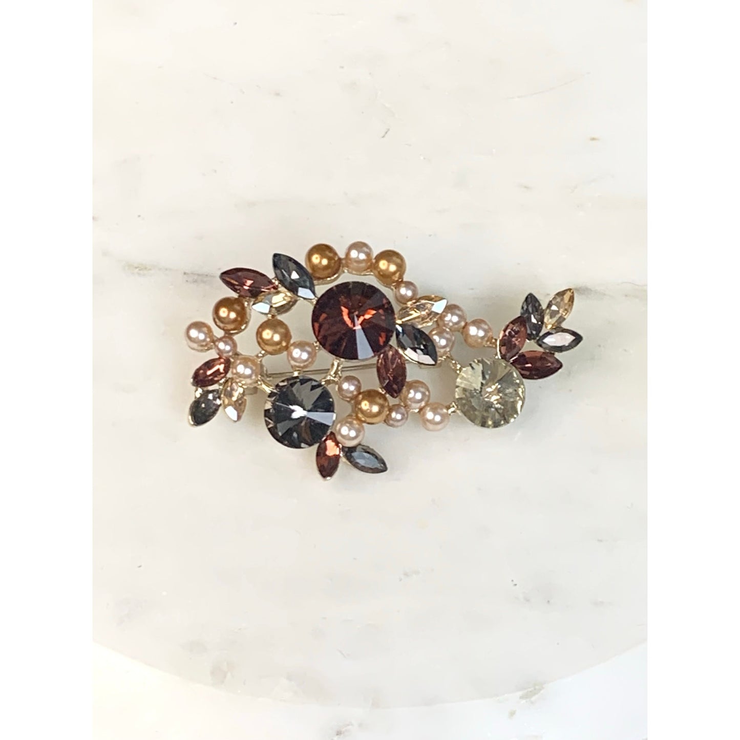 Romantic Rhinestone and Faux Pearl Brooch Multicolor Glass Statement Pin