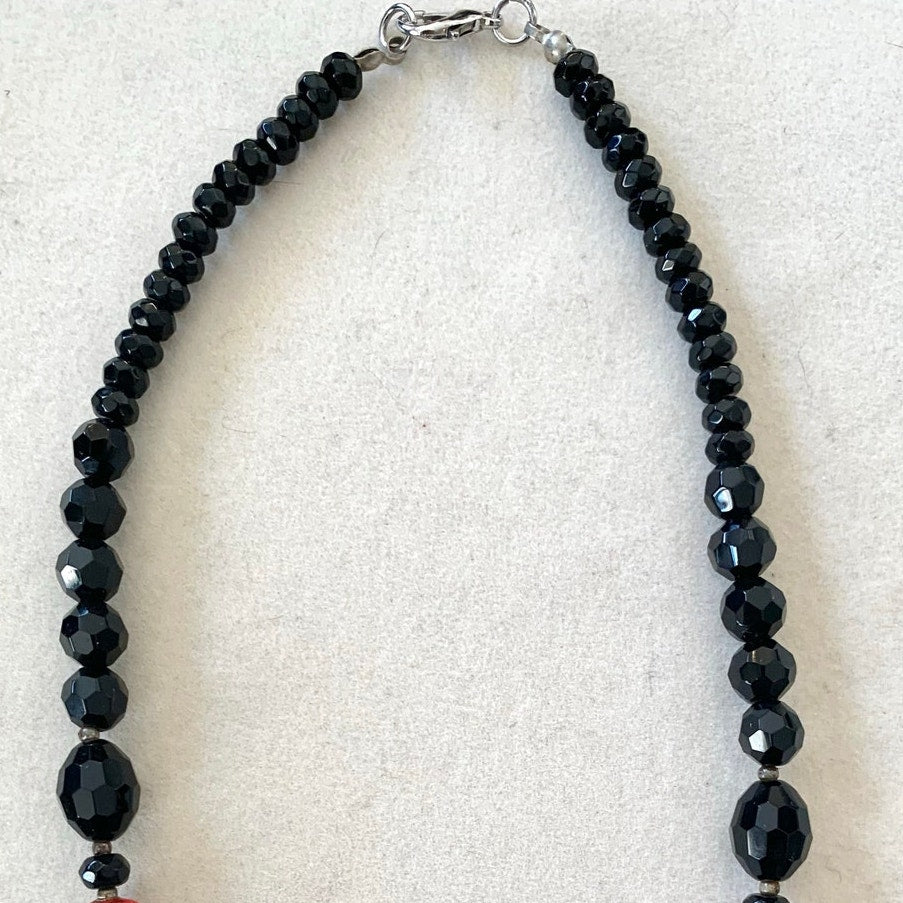 Vintage Cloisonne Beaded Necklace Black Faceted Glass Floral Red Enamel Statement