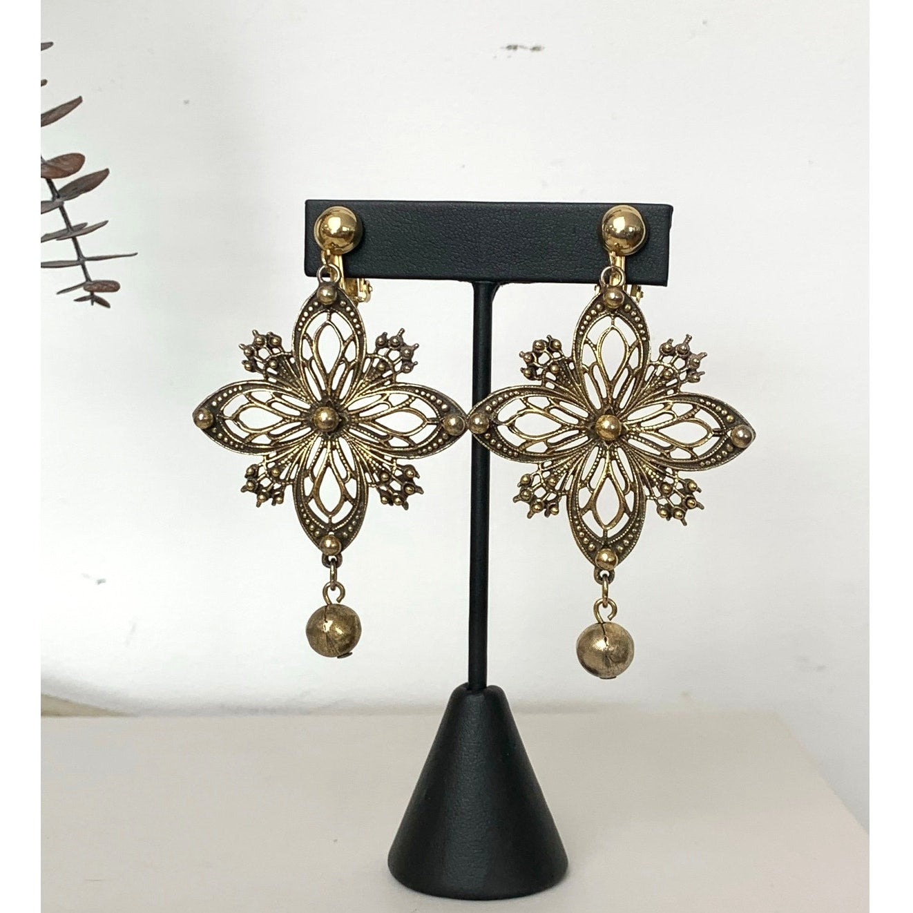 Vintage Gold Tone Clip On Earrings Ornate Filigree Floral Dangle Earrings Statement Jewelry