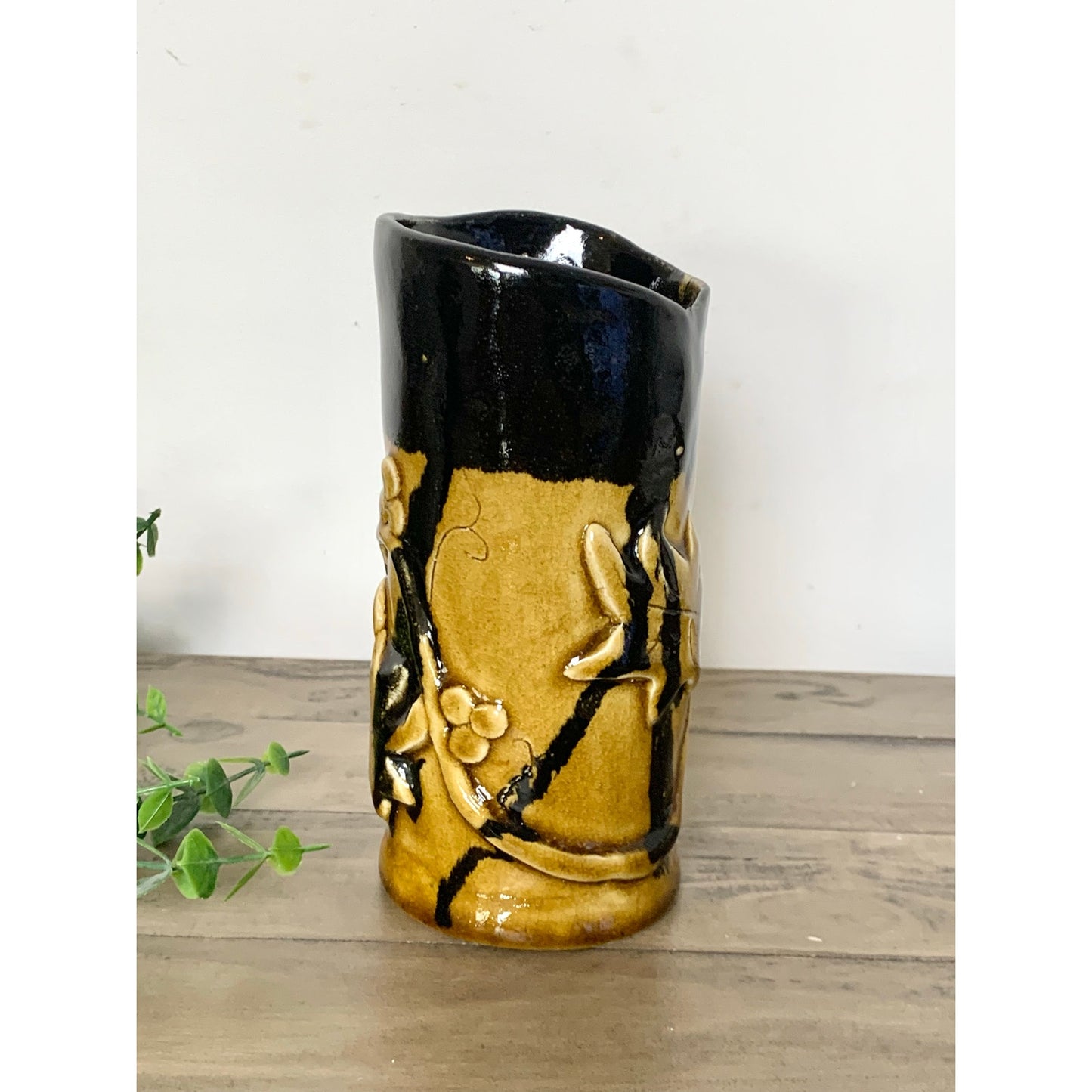 Vintage Black and Gold Ceramic Vase with Raised Vine and Leaf Design – Rustic Studio Pottery