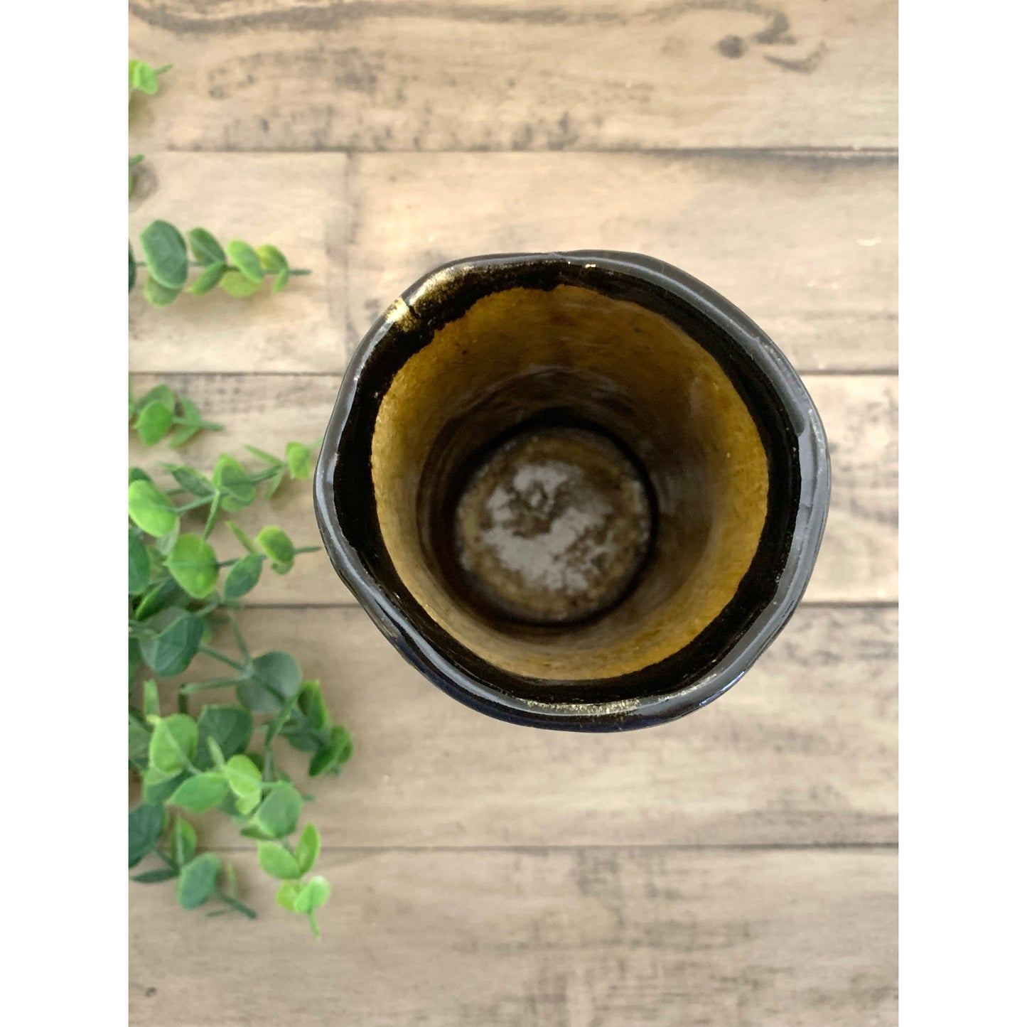 Vintage Black and Gold Ceramic Vase with Raised Vine and Leaf Design – Rustic Studio Pottery