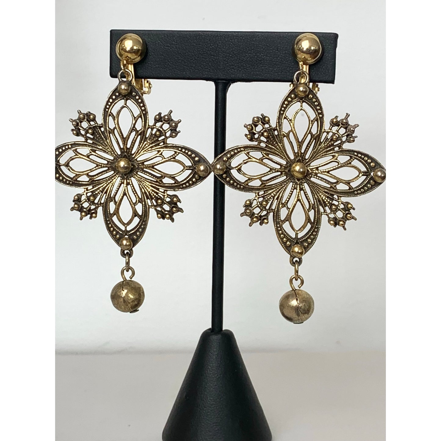 Vintage Gold Tone Clip On Earrings Ornate Filigree Floral Dangle Earrings Statement Jewelry