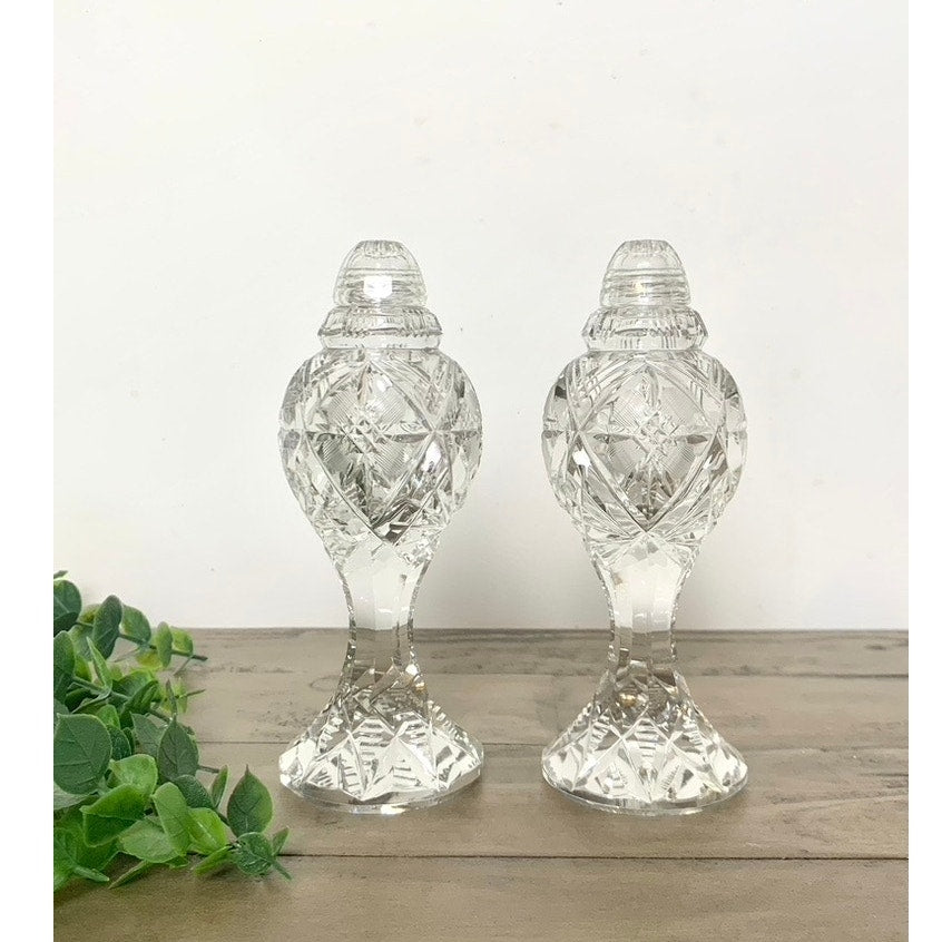 Vintage Cut Crystal Salt & Pepper Shakers Faceted Pedestal Pair with Starburst Pattern