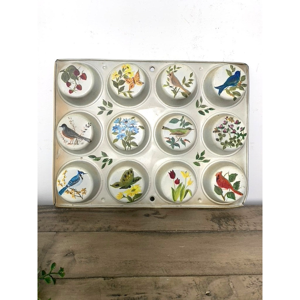 Vintage Hand Painted Cupcake Tin Wall Art, Signed 1977, Botanical and Bird Scenes